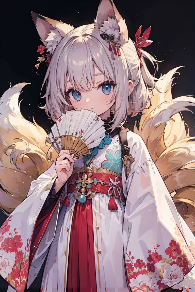A fox girl, fan, biting the end of a fan , the  covering her mouth, showcasing a sly expression and wide eyes. She has nine fluffy tails trailing behind her, with long fox ears perched on top of her head. Dressed in traditional style clothing against a gradient background, she exudes a mysterious atmosphere, a high-quality detailed portrait illustration featuring a fox girl holding the fan with tails in front of her mouth, with vibrant colors, deep shadows, and intricate details, ideal for digital art and fantasy character design.hanfu,3DMMD