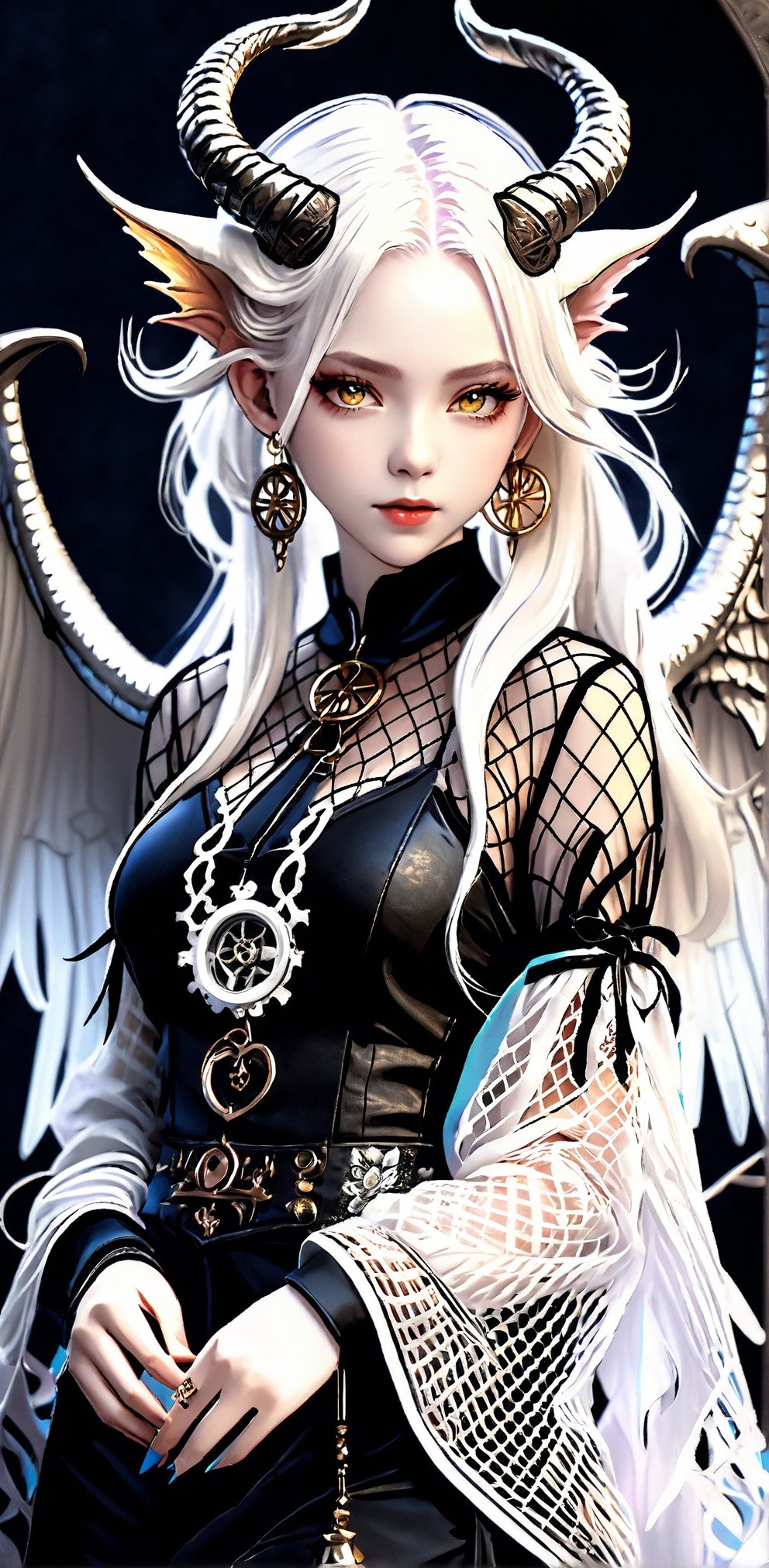 1 girl, full-body_portrait, (masterful), albino demon girl ,(white dreadlocks,mesh fishnet blouse, (long intricate horns:1.2),best quality, highest quality, extremely detailed CG unity 8k wallpaper, detailed and intricate, 
,steampunk style,Glass Elements, looking_at_viewer, chinese girls,goth person,dragon,dragon hood,Angel,animeniji,vintagepaper