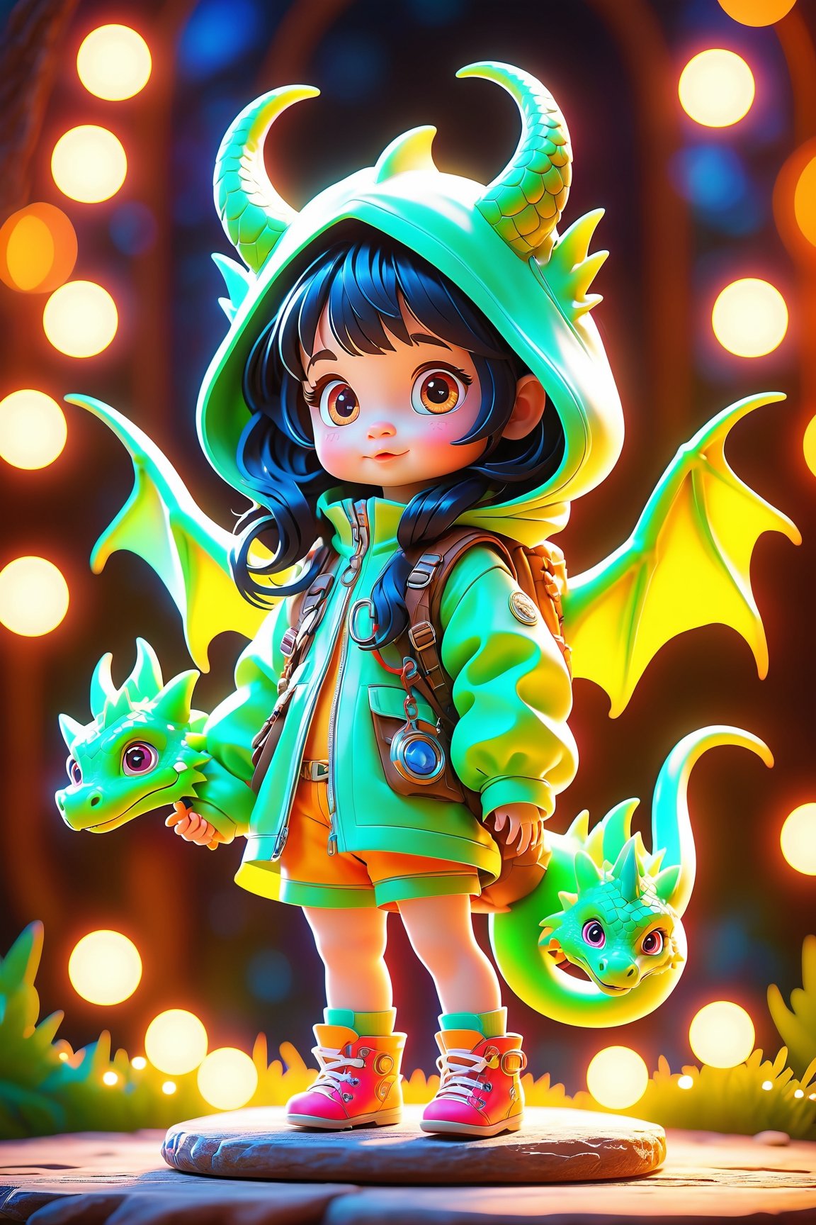 best quality, masterpiece, beautiful and aesthetic, vibrant color, Exquisite details and textures,  Warm tone, ultra realistic illustration,	(cute European baby girl, 4year old:1.5),	(Camping theme:1.4), Camping with a family,	(with cute baby dragon:1.4), (a fancy dragon decoration:1.6),	cute eyes, big eyes,	(a big smile:1.2),	16K, (HDR:1.4), high contrast, bokeh:1.2, lens flare,	siena natural ratio, children's body, anime style, 	a picture from a high angle, a view from above,	long Straight black hair with blunt bangs,	a Raccoon hood, holding a dragon doll, shorts, turtleneck,	ultra hd, realistic, vivid colors, highly detailed, UHD drawing, perfect composition, beautiful detailed intricate insanely detailed octane render trending on artstation, 8k artistic photography, photorealistic concept art, soft natural volumetric cinematic perfect light,dragon horns.