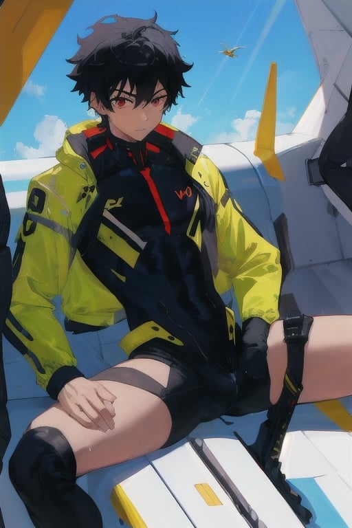 solo, male ,blue jacket,1boy,shota,black hair,red eyes,sqautting,spread legs,sky,flight_suit,reversec0wboy, dripping precum