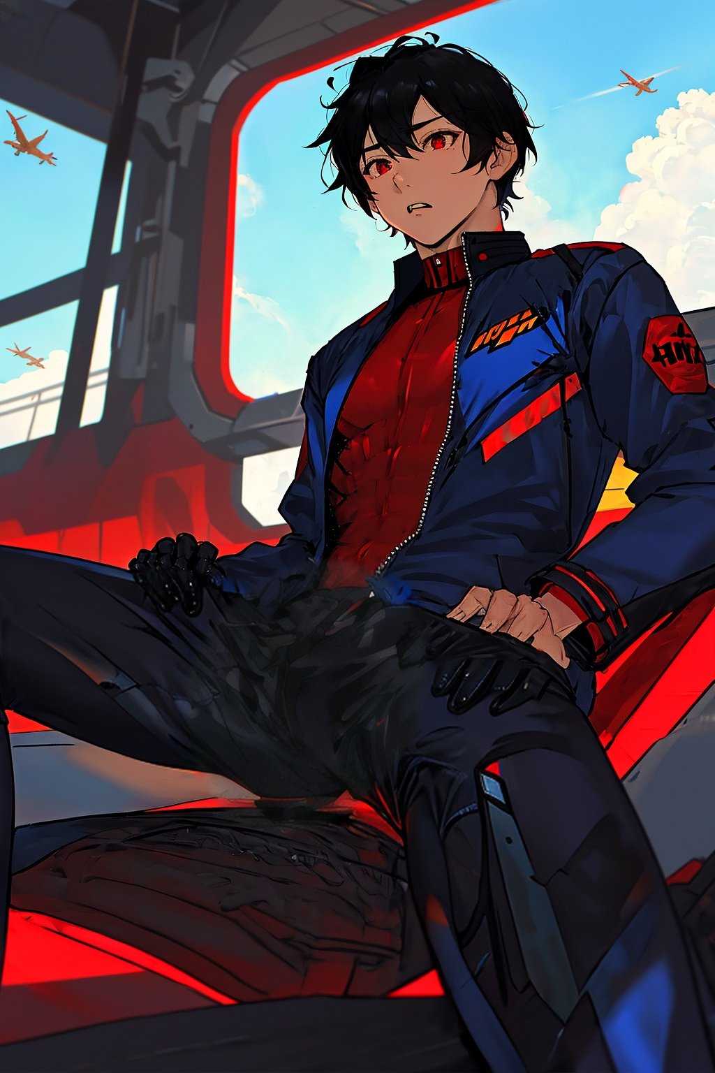 solo, male ,blue jacket,1boy,shota,black hair,red eyes,sqautting,spread legs,sky,flight_suit