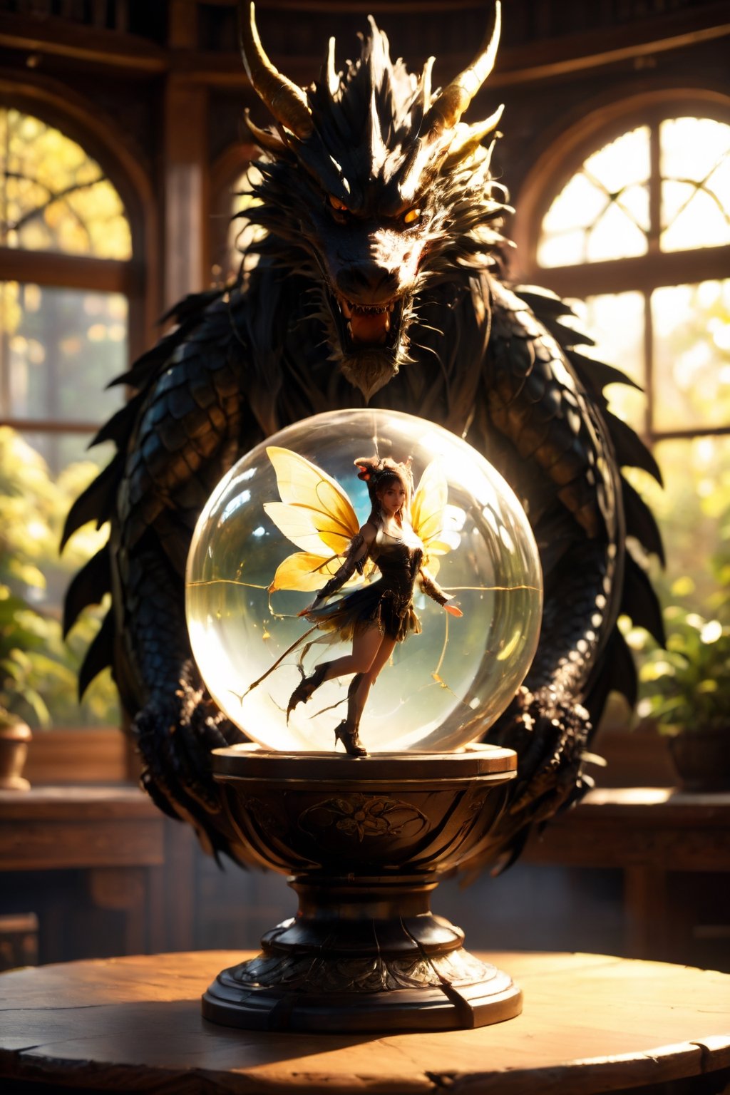 dragonyear in background, ((intricate details, hyperdetailed)),RAW,F/x 1,photorealistic,Hyper-realism,ambient occlusion,light defraction,depth of field,3D,hdr,8k,raytracing,realistic shadow,volumetric light,bloom,(Large Tall sealed glass spherical biosphere with ((goth fairy)) wearing tattered black bikini armor,symmetrical black wings),(miniature figure),fairy inside spherical biosphere,sitting on a beautiful old polished wooden desk,rustic office background,wood,brass,realistic glass,scattered adventurers gear,amber dim lighting,best quality,beautiful composition,concept art,masterpiece,intricate,octane render,award winning photograph,trending on artstation,unreal engine 5,original,dragon