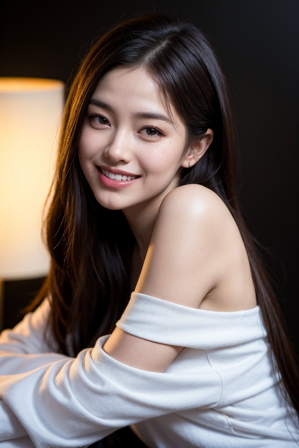 masterpiece, best quality, photorealistic, raw photo, 1girl, long hair, blouse, light smile, detailed skin, pore, off_shoulder, low key, black_background