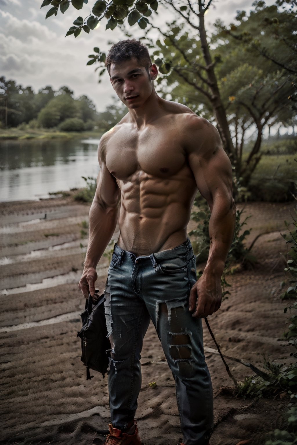 solo, looking at viewer, short hair, black hair, 1boy, jeans, standing, nipples, male focus, outdoors, shoes, day, blurry, tree, muscular, blurry background, facial hair, abs, pectorals, muscular male, topless male, realistic, muscular_body, narrow waist, brown_skin