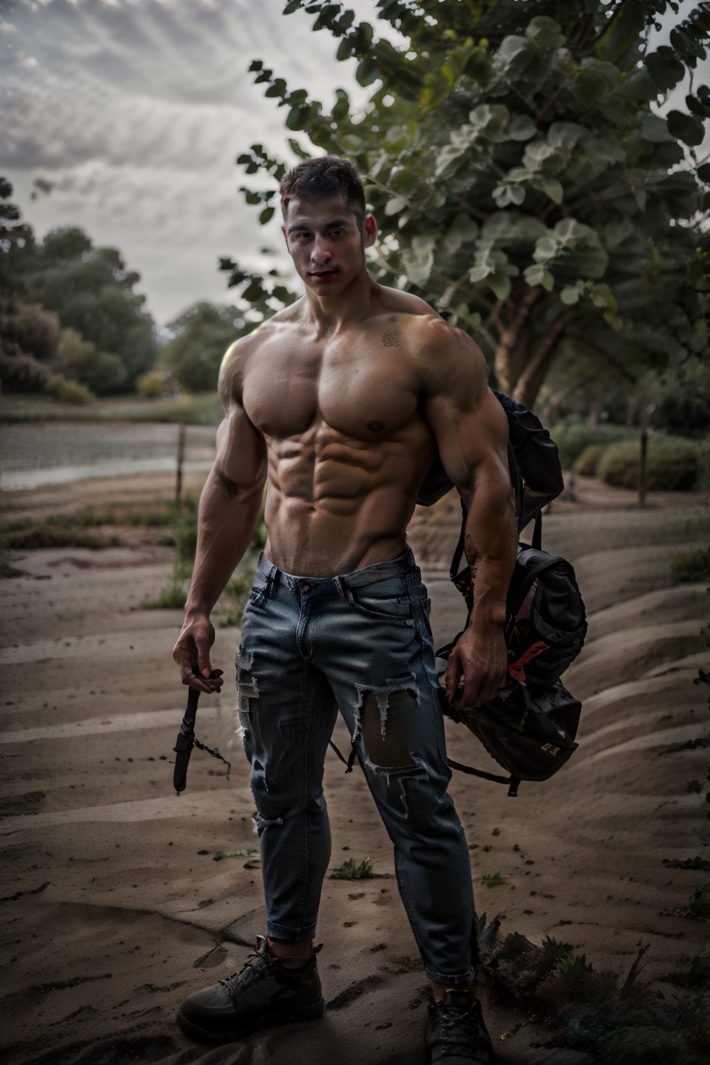 solo, looking at viewer, short hair, black hair, 1boy, standing, nipples, male focus, outdoors, shoes, jeans, day, blurry, tree, muscular, blurry background, facial hair, ((abs)), (((pectorals))), muscular male, topless male, realistic, brown_skin, narrow_waist, long_legs,Portrait