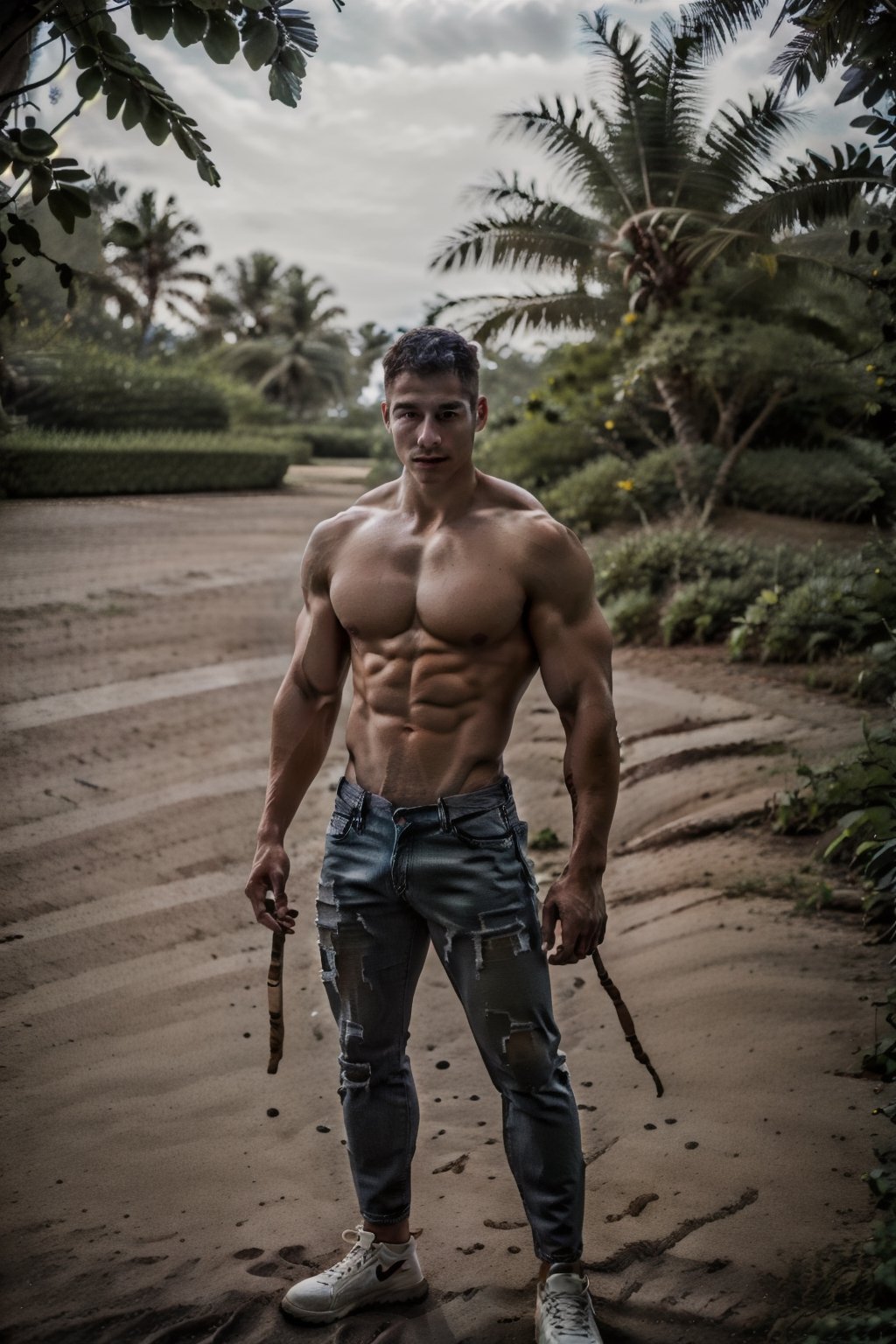 solo, looking at viewer, short hair, black hair, 1boy, jeans, standing, nipples, male focus, outdoors, shoes, day, blurry, tree, muscular, blurry background, facial hair, abs, pectorals, muscular male, topless male, realistic, muscular_body, narrow waist, brown_skin