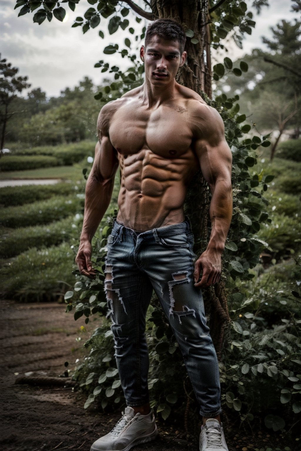 solo, looking at viewer, short hair, black hair, 1boy, standing, nipples, male focus, outdoors, shoes, jeans, day, blurry, tree, muscular, blurry background, facial hair, ((abs)), (((pectorals))), muscular male, topless male, realistic, (longer_legs), brown_skin, narrow_waist,Portrait,Pectoral Focus