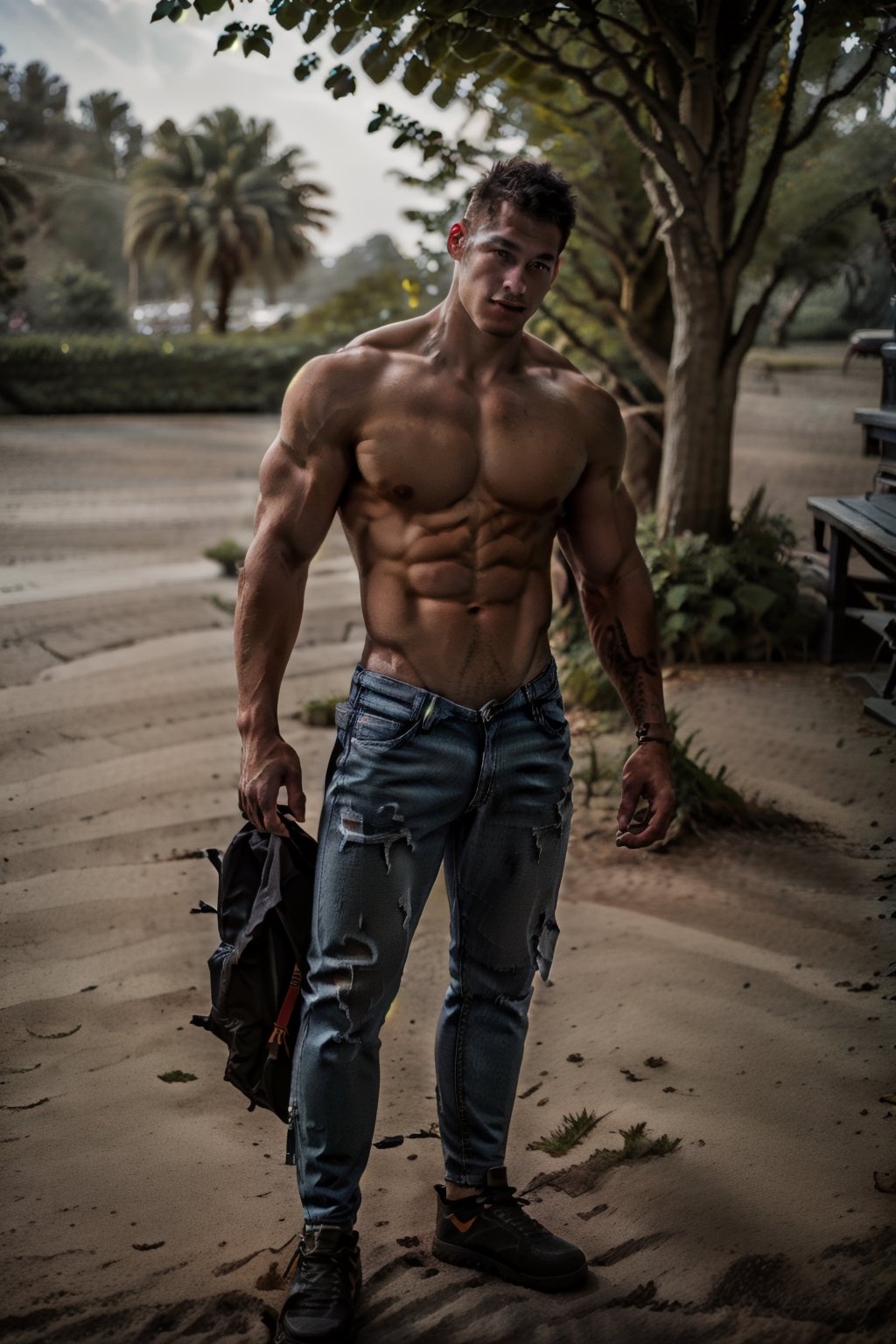 solo, looking at viewer, short hair, black hair, 1boy, standing, nipples, male focus, outdoors, shoes, jeans, day, blurry, tree, muscular, blurry background, facial hair, abs, pectorals, muscular male, topless male, realistic, brown_skin, narrow_waist, long_legs,Portrait