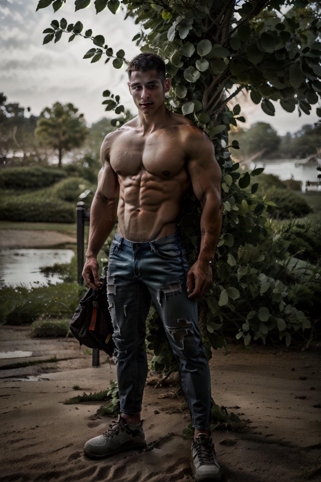 solo, looking at viewer, short hair, black hair, 1boy, standing, nipples, male focus, outdoors, shoes, jeans, day, blurry, tree, muscular, blurry background, facial hair, abs, pectorals, muscular male, topless male, realistic, brown_skin, narrow_waist, long_legs,Portrait