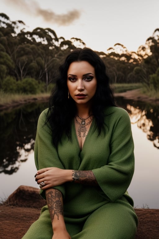 photorealistic,realhands,perfecteyes eyes,woman in hippie dress, black hair, green eyes, tall, thin, long boots, turkmen, tattoo on arms, nose pierced, sitting next to a fire, drinking beer, in a forest in Australia, with a river flowing by ,photo of perfecteyes eyes,Realism,Portrait