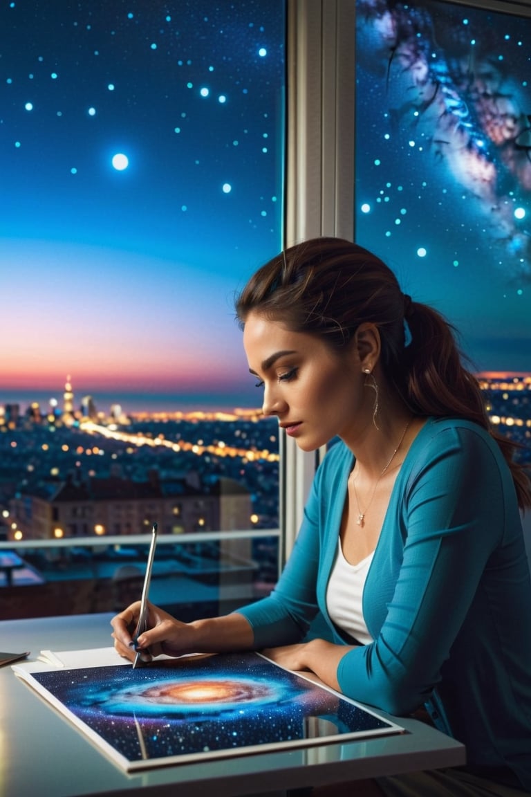 A retoucher woman is doing photoshop in the office in the evening. stars and planets are visible through the window,night cityanalog photography, professional shooting, hyperrealistic, masterpiece, trend,krrrsty