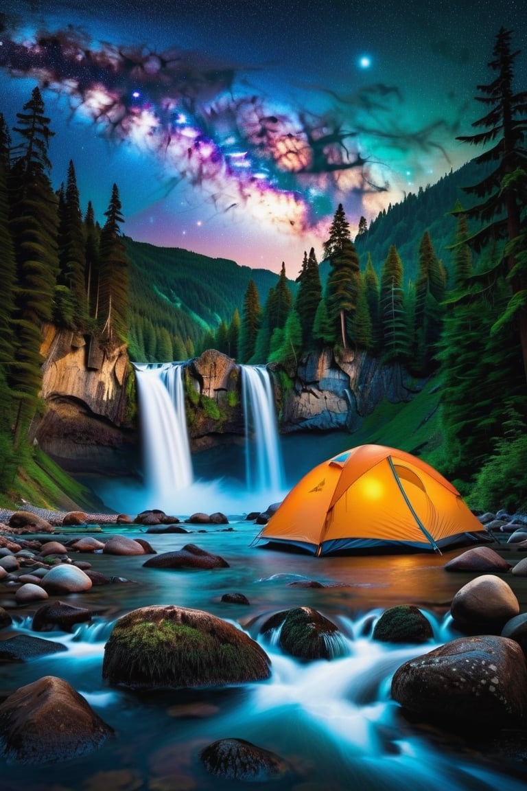 stars in the sky, planets, waterfall and forest on earth, camping in the forest, landscape photography 