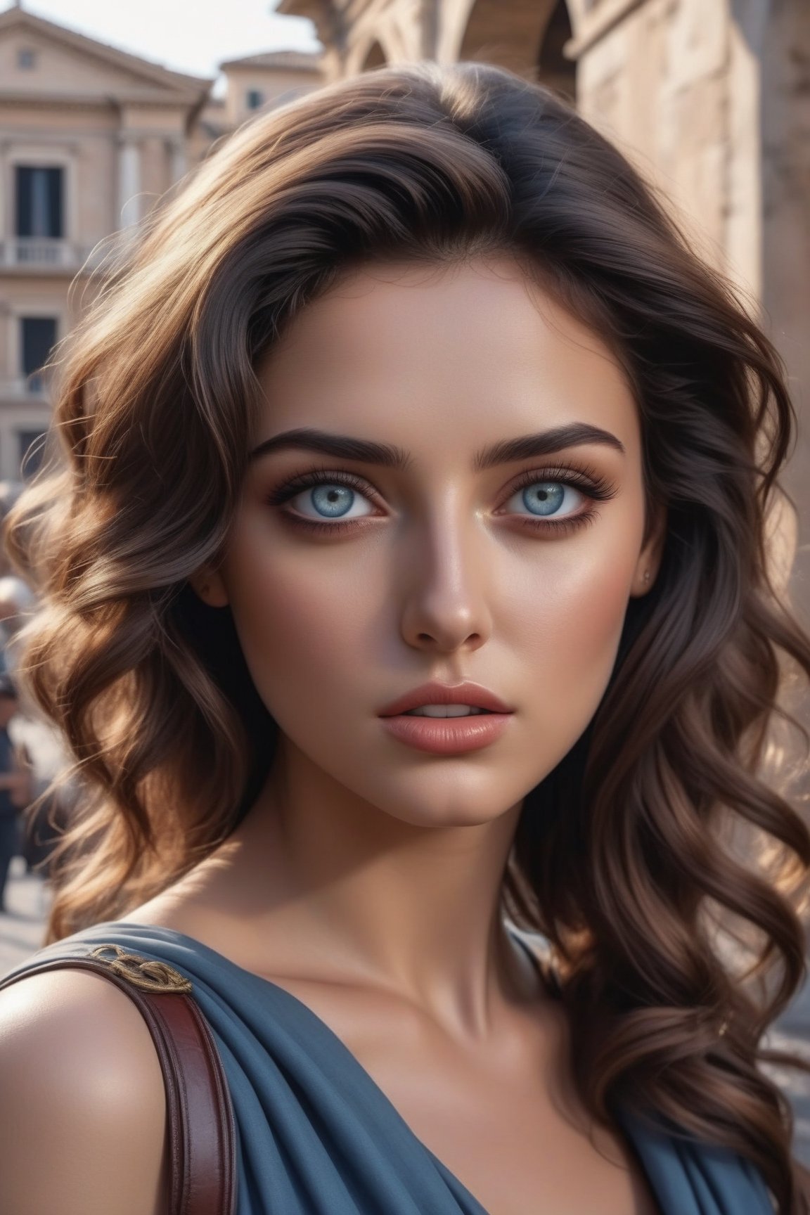 In the ancient city of Rome, a beautiful and attractive woman,realistic,photo,hyperrealistic, masterpiece,perfect eyes,woman_nr1