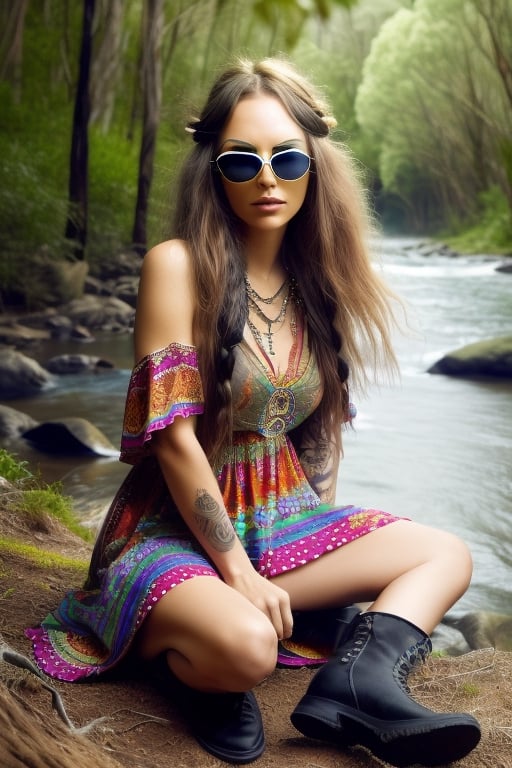 realhands,((sunglass,beautiful detailed eyes)),((woman in hippie dress)), black hair, tall, thin, long boots, turkmen, tattoo on arms, sitting next to a fire, in a forest in Australia, with a river flowing by,woman,High Detail, Sharp focus