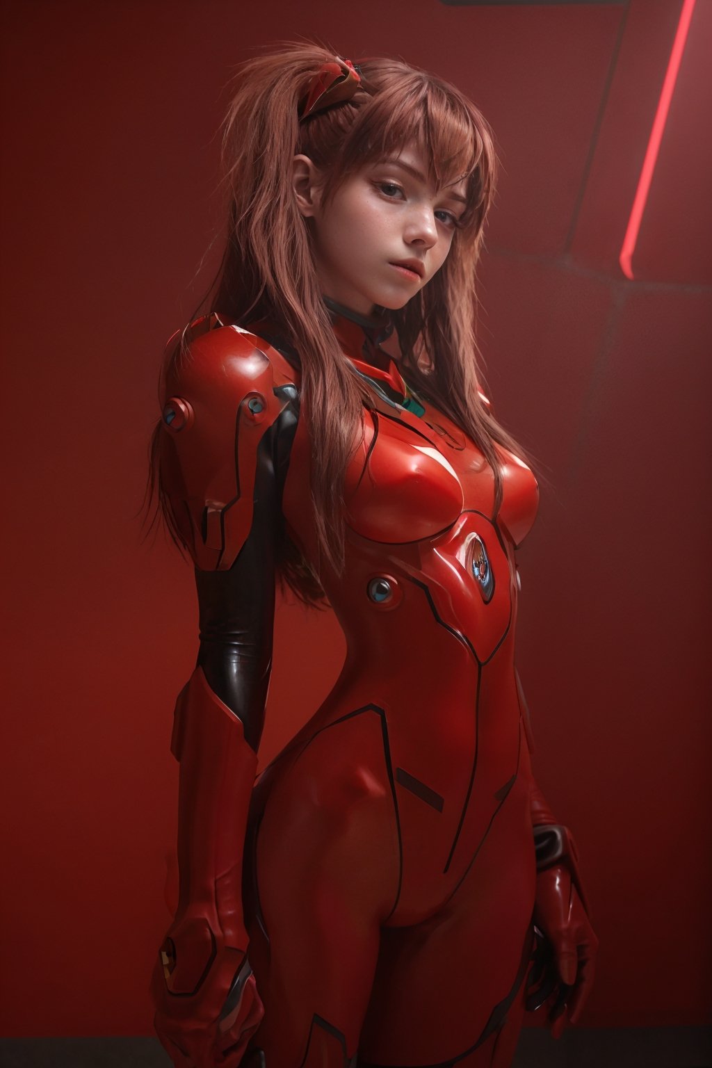 4K, 8K, (Masterpiece, best quality:1.2), blue eyes, perfect face, cosplay, professional photo, photo, photorealism, ((red armor)), modelshoot style, portrait of shirogane, red plugsuit, feminine, (girl),  ((cyberpunk landscape)), (narrow waist), upper body, face shot, very small breats, nsfw, half naked, 