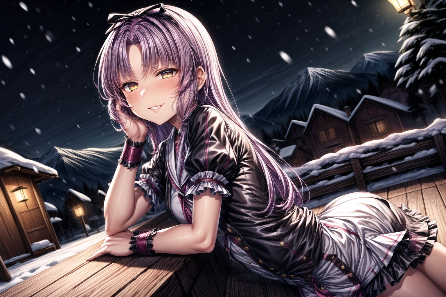 violet_hair, anime_hair, long_hair, devious_smile, lips, parted_lips, lying, on_stomach, RENNE_SEN,  hair ribbon, black jacket, purple shirt, short sleeves, white skirt, thigh band, violet_hair, yellow_eyes, braclets, beautiful_eyes, 1girl, devious_smile, cowboy_shot, winter, snowfall, snowy mountains, snow, snowy pine trees, freezing weather, frost, chill, wind, windy, winter , night, nighttime, starry sky, wooden fence, distant village, distant lights, lantern