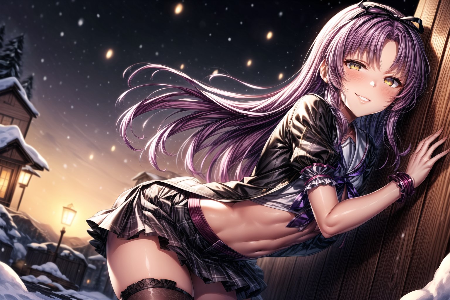 violet_hair, anime_hair, long_hair, devious_smile, lips, parted_lips, lying, on_stomach, RENNE_SEN,  hair ribbon, black jacket, purple shirt, short sleeves, white skirt, thigh band, violet_hair, yellow_eyes, braclets, beautiful_eyes, 1girl, devious_smile, cowboy_shot, winter, snowfall, snowy mountains, snow, snowy pine trees, freezing weather, frost, chill, wind, windy, winter , night, nighttime, starry sky, wooden fence, distant village, distant lights, lantern