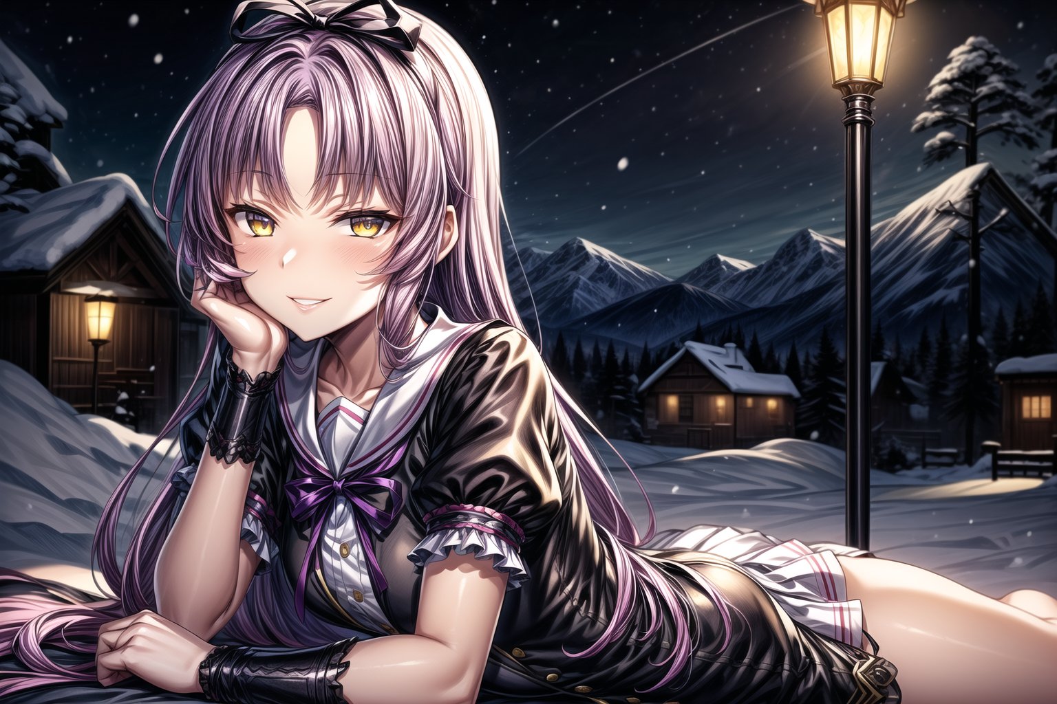 violet_hair, anime_hair, long_hair, devious_smile, lips, parted_lips, lying, on_stomach, RENNE_SEN,  hair ribbon, black jacket, purple shirt, short sleeves, white skirt, thigh band, violet_hair, yellow_eyes, braclets, beautiful_eyes, 1girl, devious_smile, cowboy_shot, winter, snowfall, snowy mountains, snow, snowy pine trees, freezing weather, frost, chill, wind, windy, winter , night, nighttime, starry sky, wooden fence, distant village, distant lights, lantern