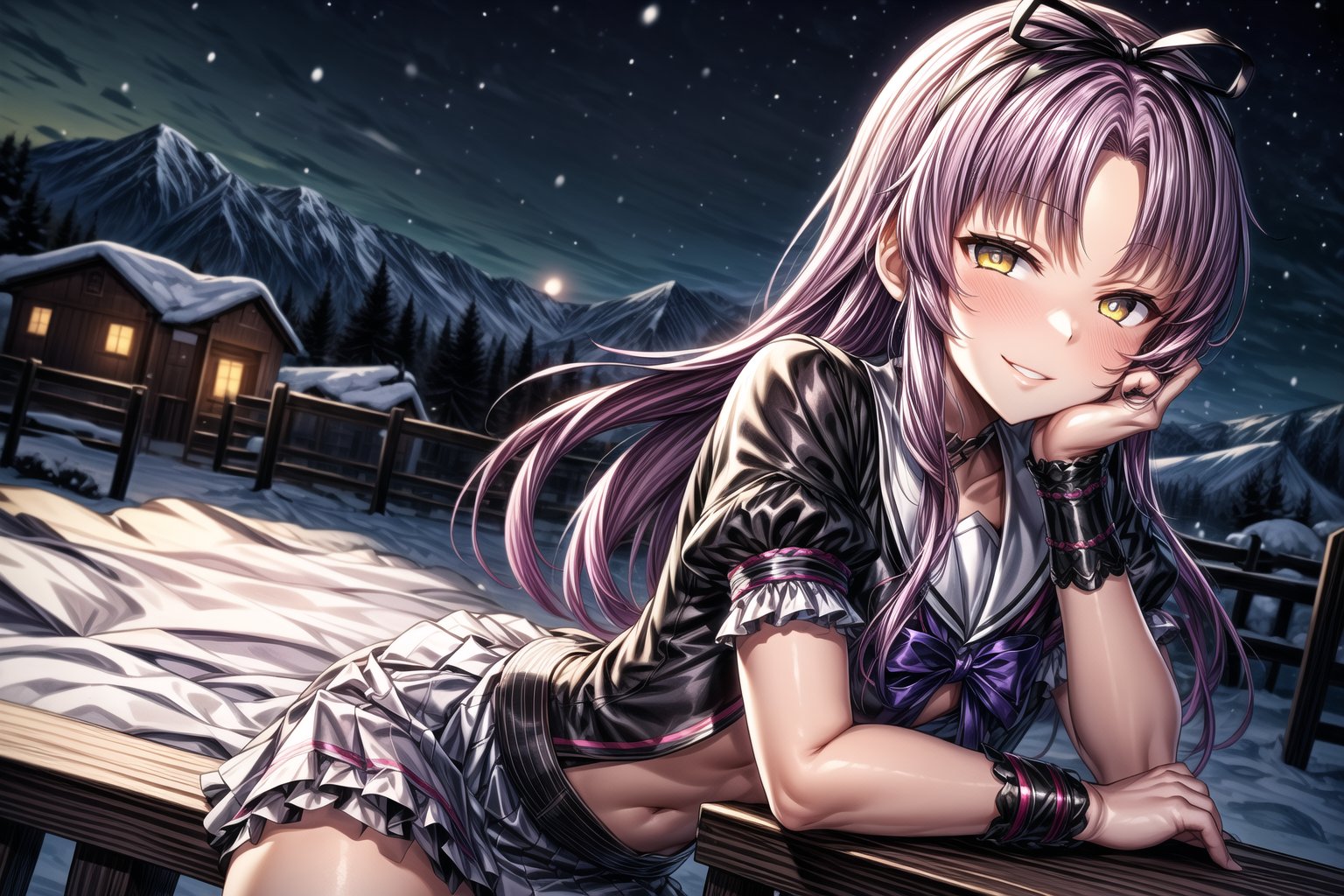 violet_hair, anime_hair, long_hair, devious_smile, lips, parted_lips, lying, on_stomach, RENNE_SEN,  hair ribbon, black jacket, purple shirt, short sleeves, white skirt, thigh band, violet_hair, yellow_eyes, braclets, beautiful_eyes, 1girl, devious_smile, cowboy_shot, winter, snowfall, snowy mountains, snow, snowy pine trees, freezing weather, frost, chill, wind, windy, winter , night, nighttime, starry sky, wooden fence, distant village, distant lights, lantern