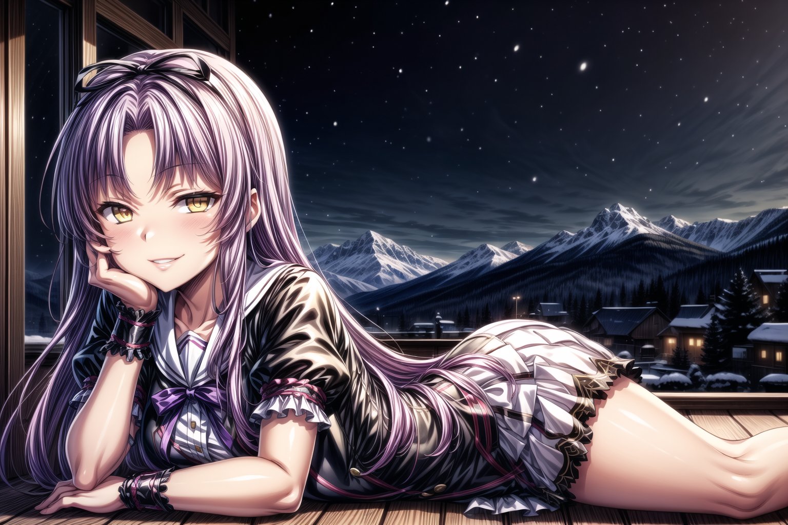 violet_hair, anime_hair, long_hair, devious_smile, lips, parted_lips, lying, on_stomach, RENNE_SEN,  hair ribbon, black jacket, purple shirt, short sleeves, white skirt, thigh band, violet_hair, yellow_eyes, braclets, beautiful_eyes, 1girl, devious_smile, cowboy_shot, winter, snowfall, snowy mountains, snow, snowy pine trees, freezing weather, frost, chill, wind, windy, winter , night, nighttime, starry sky, wooden fence, distant village, distant lights, lantern