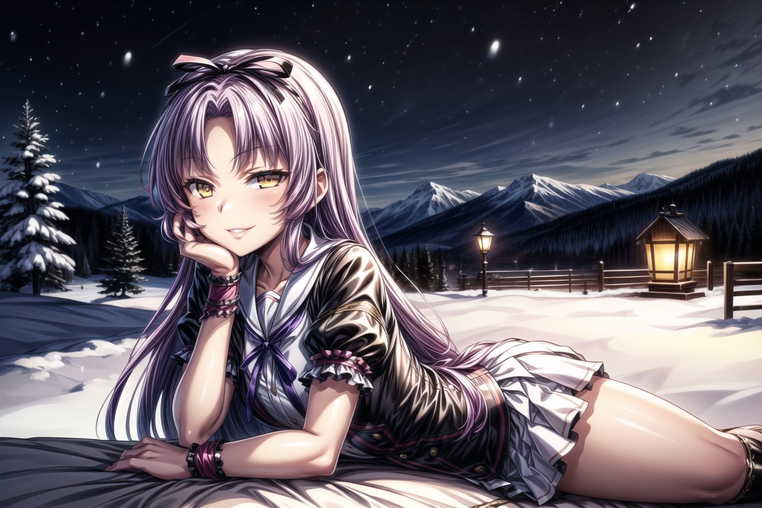 violet_hair, anime_hair, long_hair, devious_smile, lips, parted_lips, lying, on_stomach, RENNE_SEN,  hair ribbon, black jacket, purple shirt, short sleeves, white skirt, thigh band, violet_hair, yellow_eyes, braclets, beautiful_eyes, 1girl, devious_smile, cowboy_shot, winter, snowfall, snowy mountains, snow, snowy pine trees, freezing weather, frost, chill, wind, windy, winter , night, nighttime, starry sky, wooden fence, distant village, distant lights, lantern