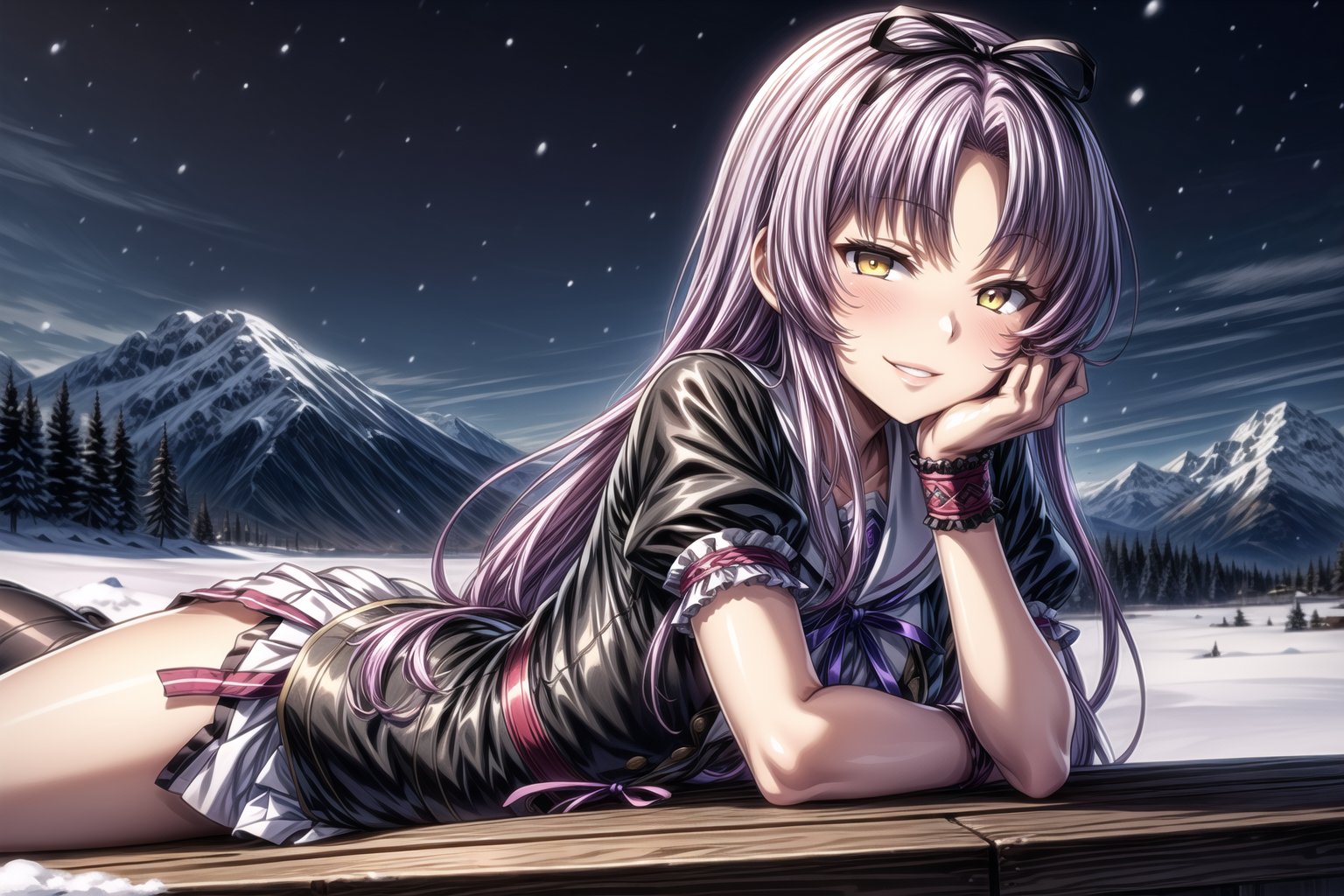 violet_hair, anime_hair, long_hair, devious_smile, lips, parted_lips, lying, on_stomach, RENNE_SEN,  hair ribbon, black jacket, purple shirt, short sleeves, white skirt, thigh band, violet_hair, yellow_eyes, braclets, beautiful_eyes, 1girl, devious_smile, cowboy_shot, winter, snowfall, snowy mountains, snow, snowy pine trees, freezing weather, frost, chill, wind, windy, winter , night, nighttime, starry sky, wooden fence, distant village, distant lights, lantern