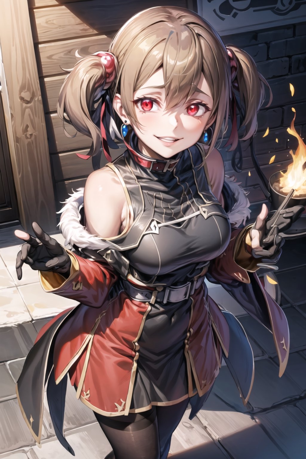 ((best quality)),  ((highly detailed)),  masterpiece,  ((official art)), (kirito_ggo, long hair, hair_between_eyes, black hair),  ultra-detailed,1girl, night, dress, breasts, clothing cutout, solo, cleavage cutout, standing, cleavage, smile, fire,, looking at viewer,  feather boa, sleeveless, bare shoulders, covered navel, jewelry, earrings, pantyhose, gloves, large breasts, red dress, chinese clothes,  black legwear,polearm, brown legwear, off shoulder, pelvic curtain, fur collar, long breasts,, parted lips, long sleeves, side slit, lips, evil smile, evil girl,crazy,dynamic poseeyes,Silica_SAO,edgGesugao,F41Arm0r