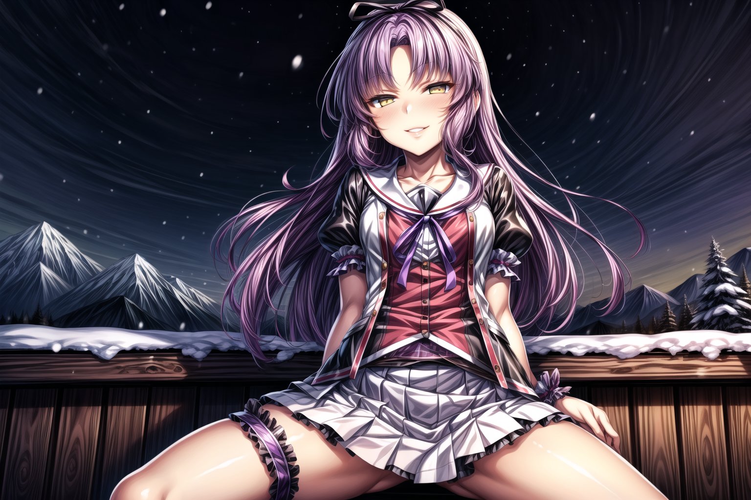 (((best quality))), (violet_hair, anime_hair, long_hair, devious_smile, lips, parted_lips, spread_legs, RENNE_SEN,  hair ribbon, black jacket, purple shirt, short sleeves, white skirt, thigh band, violet_hair, yellow_eyes, braclets, beautiful_eyes), 1girl, devious_smile, cowboy_shot, winter, snowfall, snowy mountains, snow, snowy pine trees, freezing weather, frost, chill, wind, windy, winter , night, nighttime, starry sky, wooden fence, distant village, distant lights, lantern