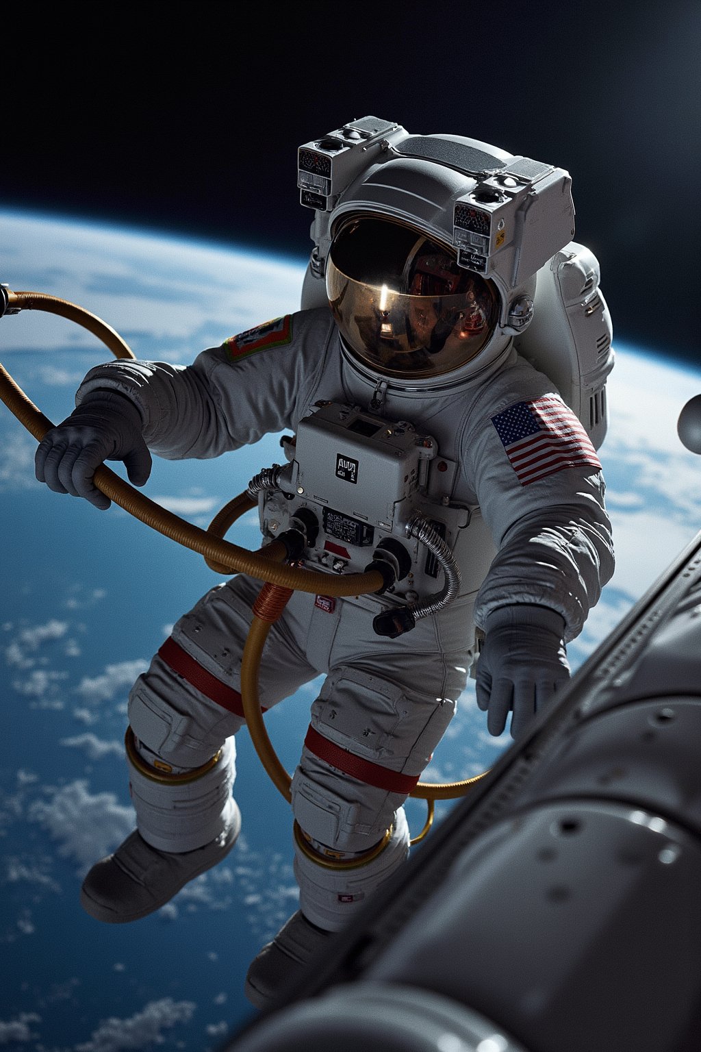 an astronaut is doing a spacewalk. He is fixing a broken part of the space shuttle. His spacesuit is designed in Dieter style. We see the earth in the background. Hasselblad H6D-400c MS, low exposure, high contrast, ISO 100, with a 120mm macro lens.