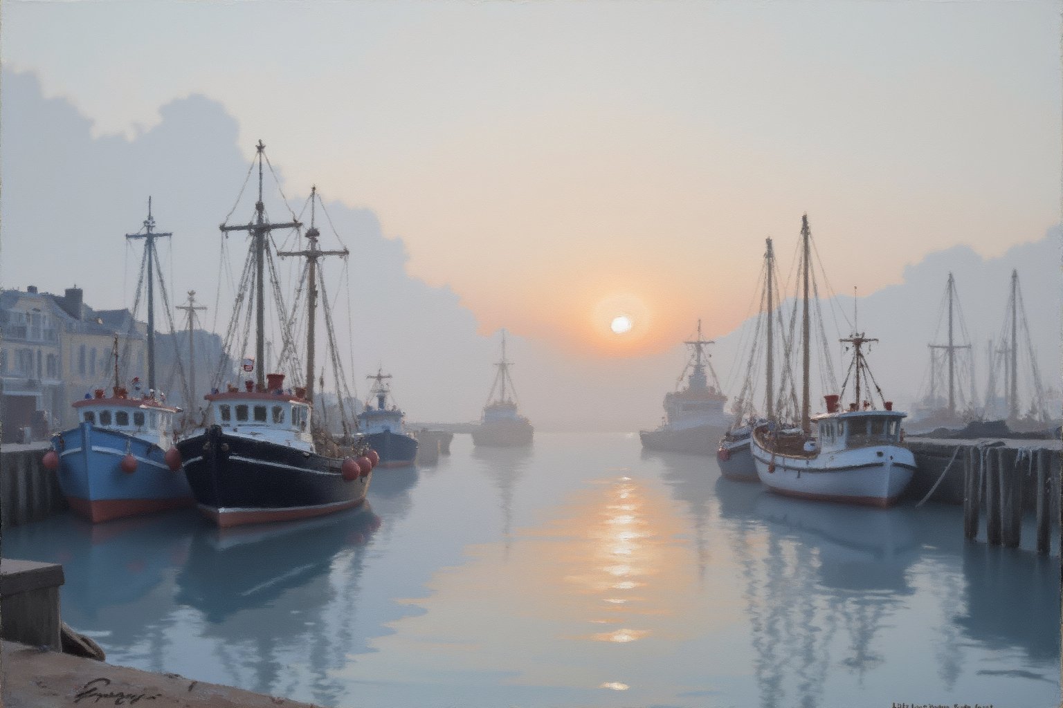 Oil painting. Impressionistic style. A misty morning over a harbor, with the sun rising just above the horizon, casting a soft glow over the scene. The colors are muted blues, grays, and warm oranges. The painting is using the Alla Prima technique: Paint is applied wet-on-wet, meaning the artist doesn’t wait for layers to dry. This allows for quick, expressive painting and the blending of colors directly on the canvas.