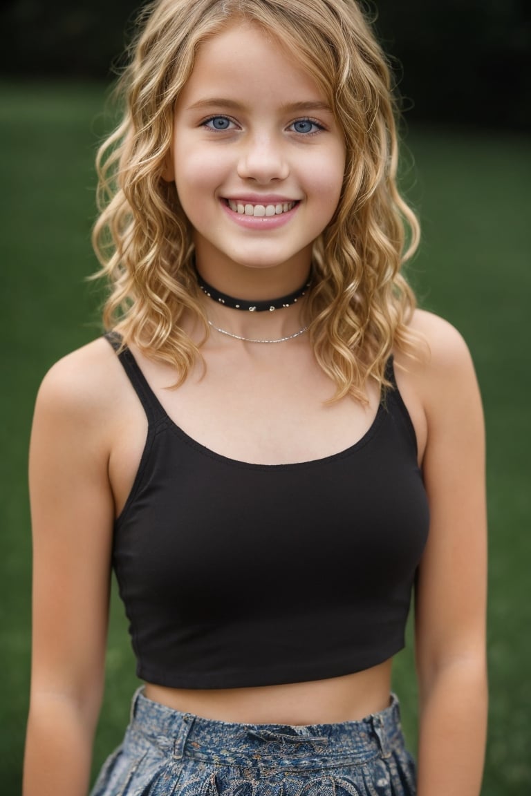 enhanc3d, 13 year old girl, blonde curly hair,  grin, super detailed face, highly realistic eyes, choker, sleeveless crop top , short soft skirt,  bokeh, upper body portrait, 8k uhd, dslr, soft lighting, high quality, film grain