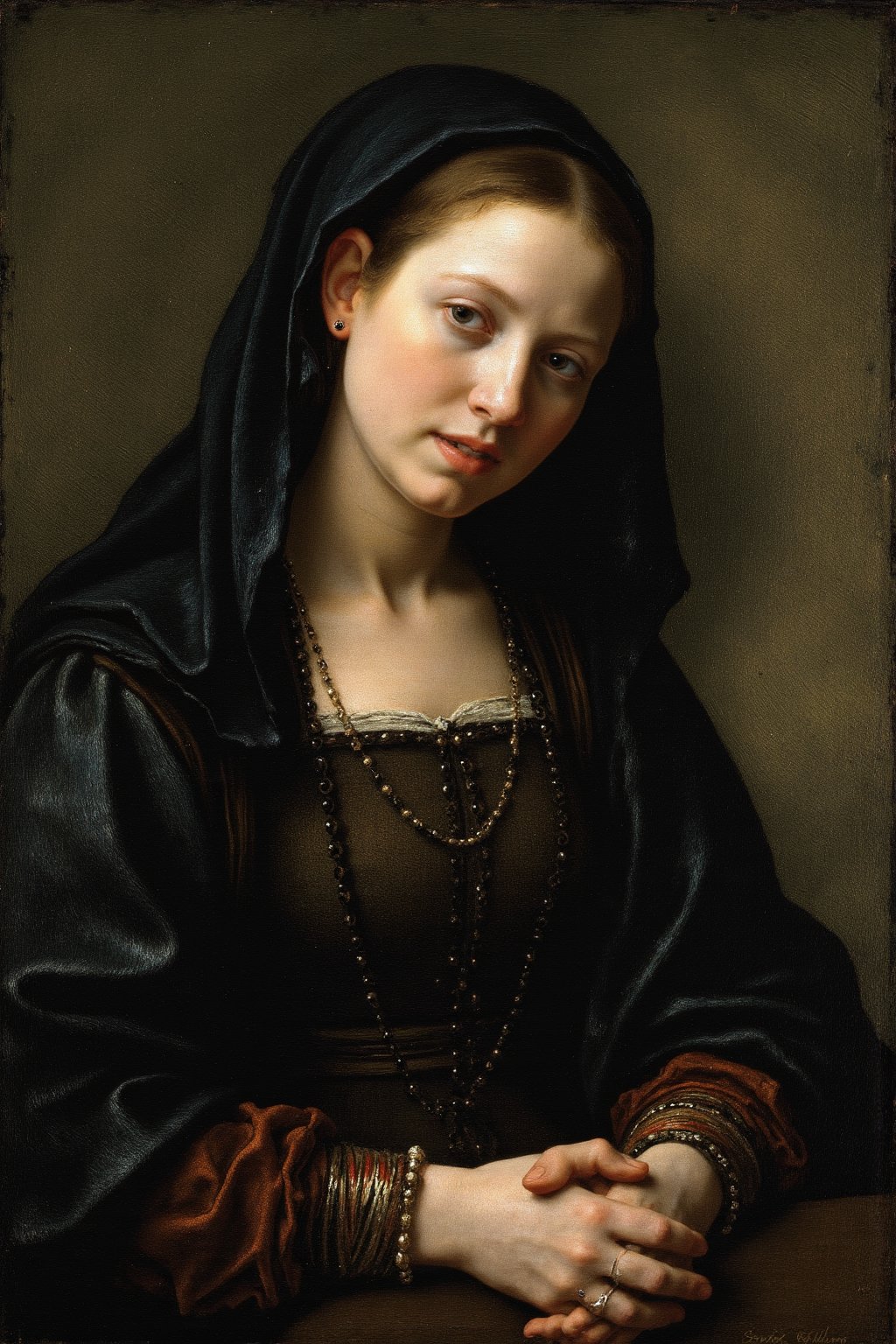 Oil painting. A portrait of a woman with an enigmatic expression, her hands folded calmly in her lap. The soft transitions between the muted greens, blues, and skin tones create a lifelike yet mysterious quality. 15th century. Thick, expressive, and textured brushstrokes often using impasto in focal points. The composition is centralized, with a focus on dramatic lighting using chiaroscuro. Arrangements lead the eye toward the most illuminated figures or objects. The palette is muted earth tones, heavy on browns, ochres, and deep reds, contrasted with strong light and shadow.