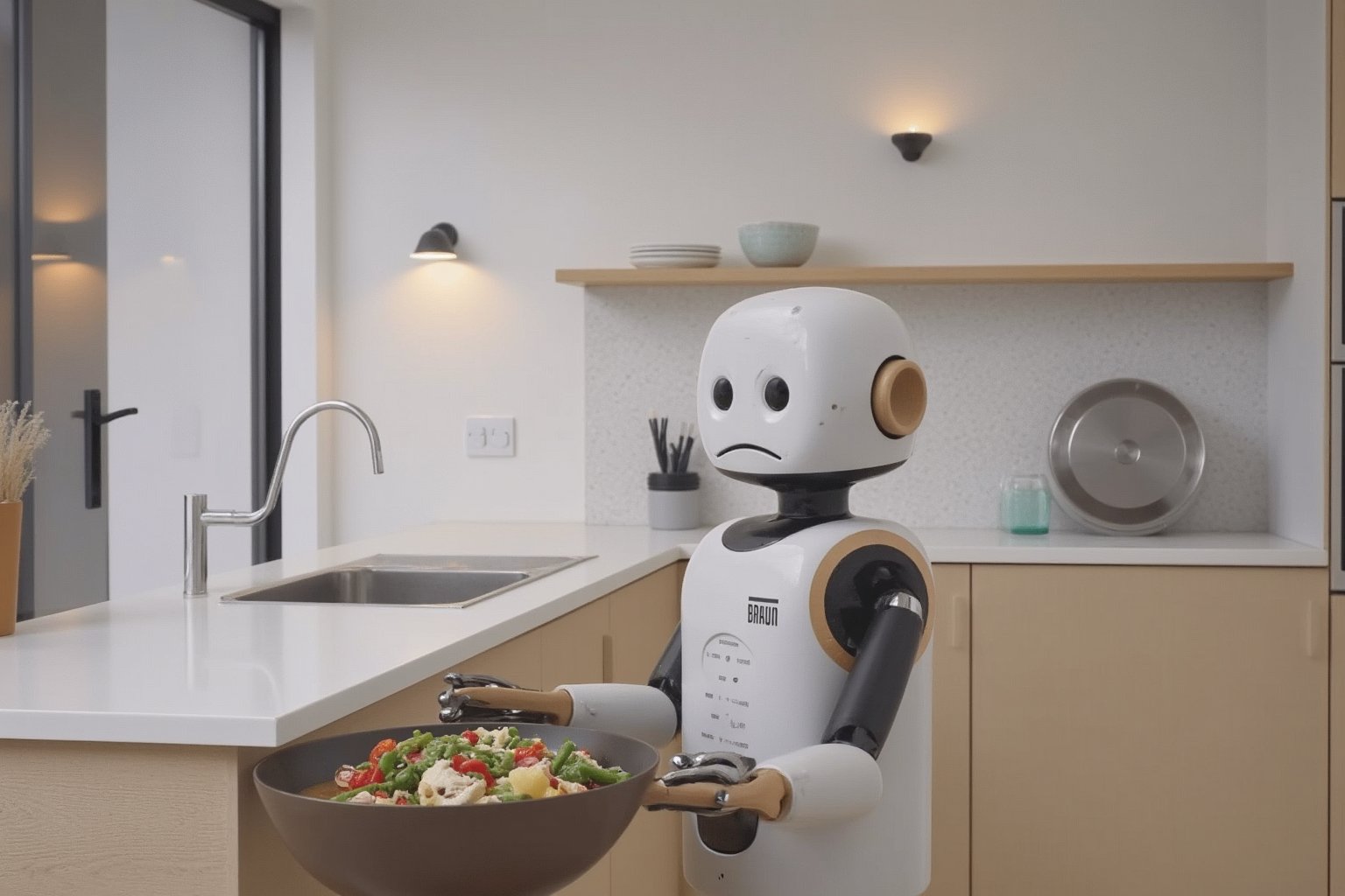 A robot designed in Dieter style. Its materials are white plastic and metal with wooden accents. It has the Braun logo on its chest. The design makes it appear as it has a friendly expression. It is preparing dinner in a minimalistic, modern kitchen. The entire space is bathed in soft, natural light, with warm accent lighting from wall sconces in the evening. Colors are neutral—grays, whites, light wood, and matte black accents. The image is shot with a 35mm lens, ISO 100, aperture f/8, and low exposure, capturing the full detail of the room