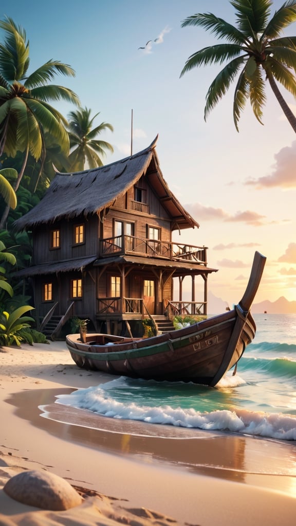 close up angle of, a serene tropical sandy beach, wavy wave, palm trees, beach vaggies, shall and plant, and boat, ((zoom focus on boat)), old simple rustic old wooden house, sunset background, detailed background, surrounded by jungle, insect, detailed focus, deep bokeh, beautiful, dark cosmic background. Visually delightful , 3D, more detail XL,chibi