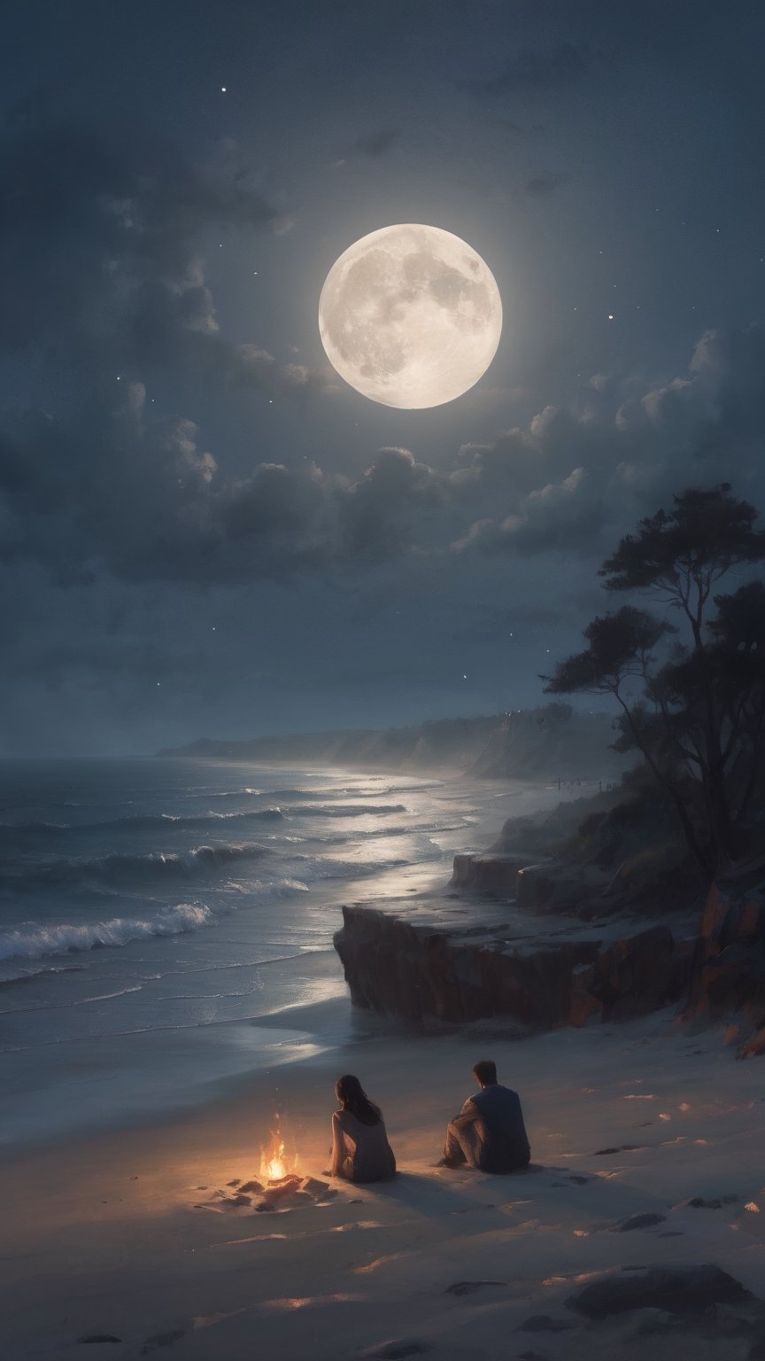 In the midst of a moonlit beach, a couple rests on a large, flat rock. The rock is slightly elevated, offering a panoramic view of the shoreline. The moon is a radiant centerpiece in the inky sky, casting a silvery trail across the water. The couple's backs are turned to the viewer, their figures softly lit by the moonlight. Their fingers are laced together, a symbol of their connection. The environment around them is a mix of untouched sand and scattered seashells. A small driftwood fire burns nearby, its warm glow contrasting with the cool moonlight. The air is still, with only the distant sound of waves breaking the silence. The atmosphere is one of quiet romance and contemplation. An illustration that captures the delicate interplay of moonlight and firelight, using a digital medium with intricate brushwork to convey the textures and emotions.