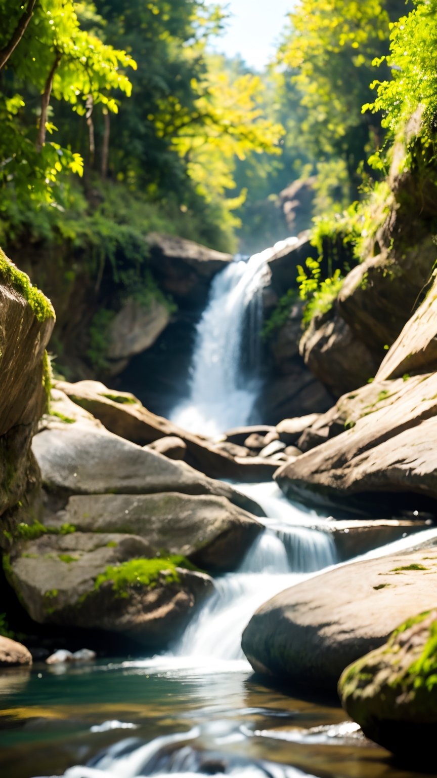 realistic, high resolution scene,  
Hyperdetailed natural light, water running from waterfall to river, nature forest background,