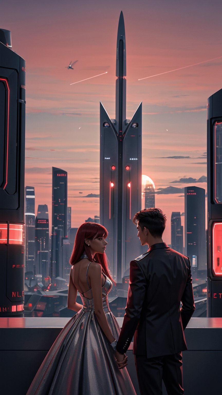 Against the backdrop of a red crimson sky, a couple, 1man, 1girl, stands looking at each other, lovely couple, futuristic romantic Martian city, with sleek, silver buildings and advanced technology that seems almost otherworldly