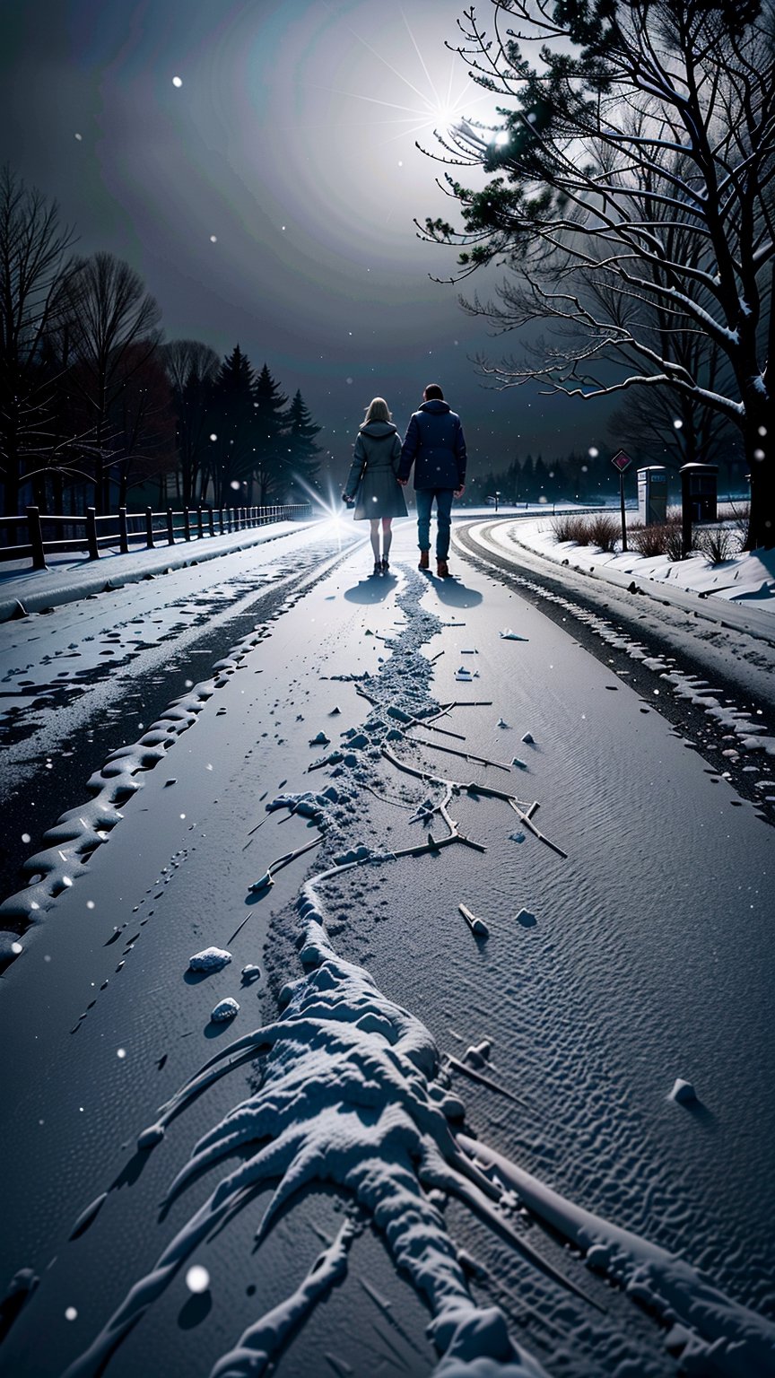 Wonderful Winter wonderland, SNOWY landscape, with a lovely lover couple walking away holding hands. (SNOWING:1.5) (SNOWY ROAD footsteps:1.3), SNOWY TREES, (GREY SKY:1.5), warm_lights, NO_sunshine, masterpiece, ultra realistic, 16K, Optimize for a visually stunning composition best quality, masterpiece, beautiful and aesthetic, 16K, (HDR:1.4), high contrast, bokeh:1.2, lens flare, (vibrant color:1.4), (muted colors, dim colors, soothing tones:0), Exquisite details and textures, cinematic shot, Warm tone, Ultra-realistic dynamic angle, masterpiece, ultra realistic illustration, siena natural ratio, anime style, dynamic pose, ultra-detailed environment, ultra-detailed background, WHITE THEME particles, intricate details, atmospheric lighting, dark lighting, ambient occlusion, stunning, award winning illustration, sharp focus, uhd, hdr, Masterpiece, high quality, ,snow_scene_background