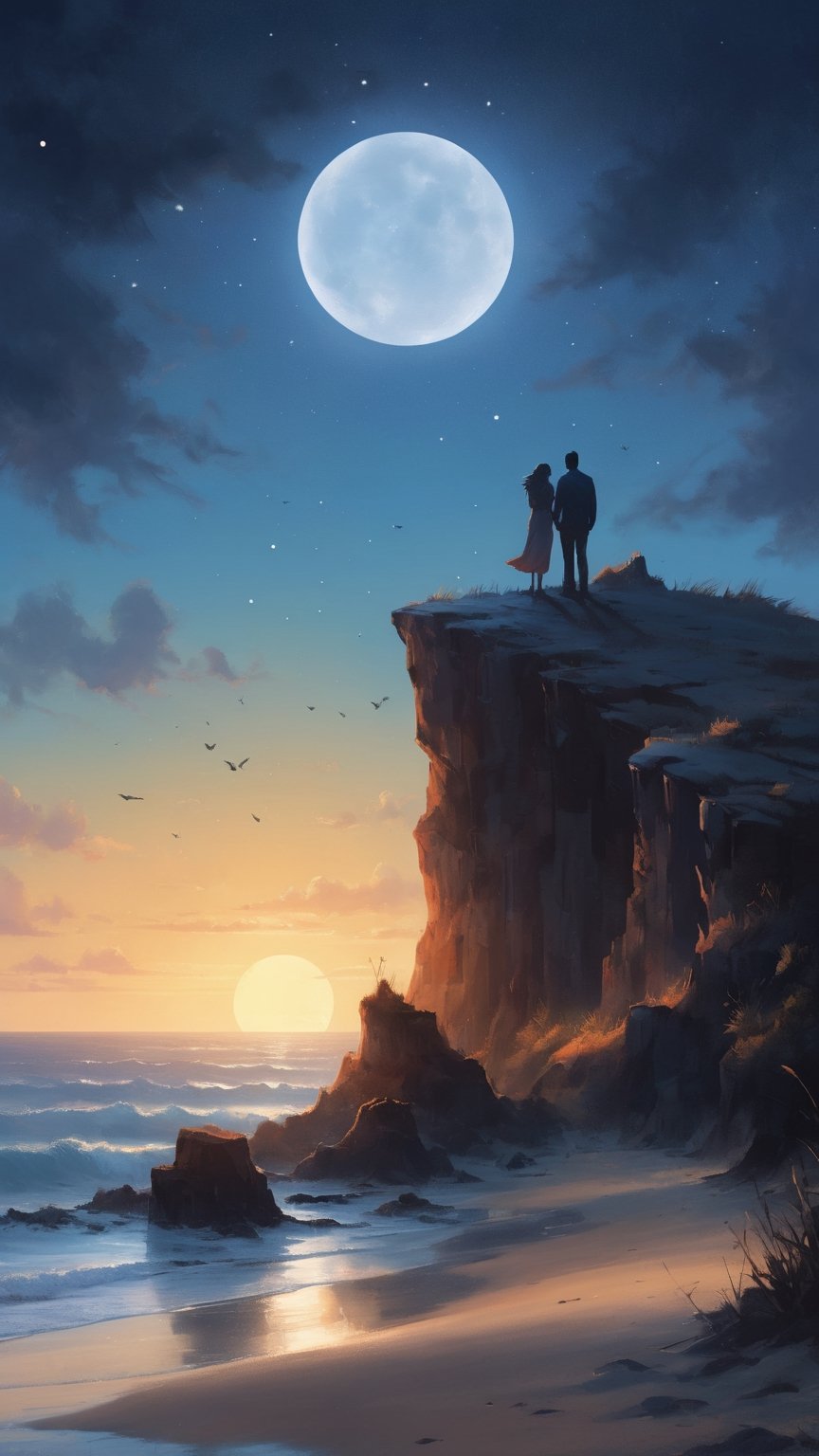 Nestled on a moonlit beach, a couple perches on a rugged rock formation. The moon hangs low in the sky, casting a radiant path across the water's surface. The couple's figures are silhouetted against the moonlight, their hands interlocked. The beach around them is a blend of smooth sand and scattered seashells. Tall grasses sway gently in the breeze, and a hint of a bonfire's warmth wafts through the air. Stars twinkle overhead, enhancing the mystical atmosphere. The scene exudes a mix of adventure and serenity, evoking a sense of endless possibilities. An intricate papercraft artwork that plays with layers and shadows to capture the moonlit textures and create a sense of depth, using delicate cuts and folds to form the scene.