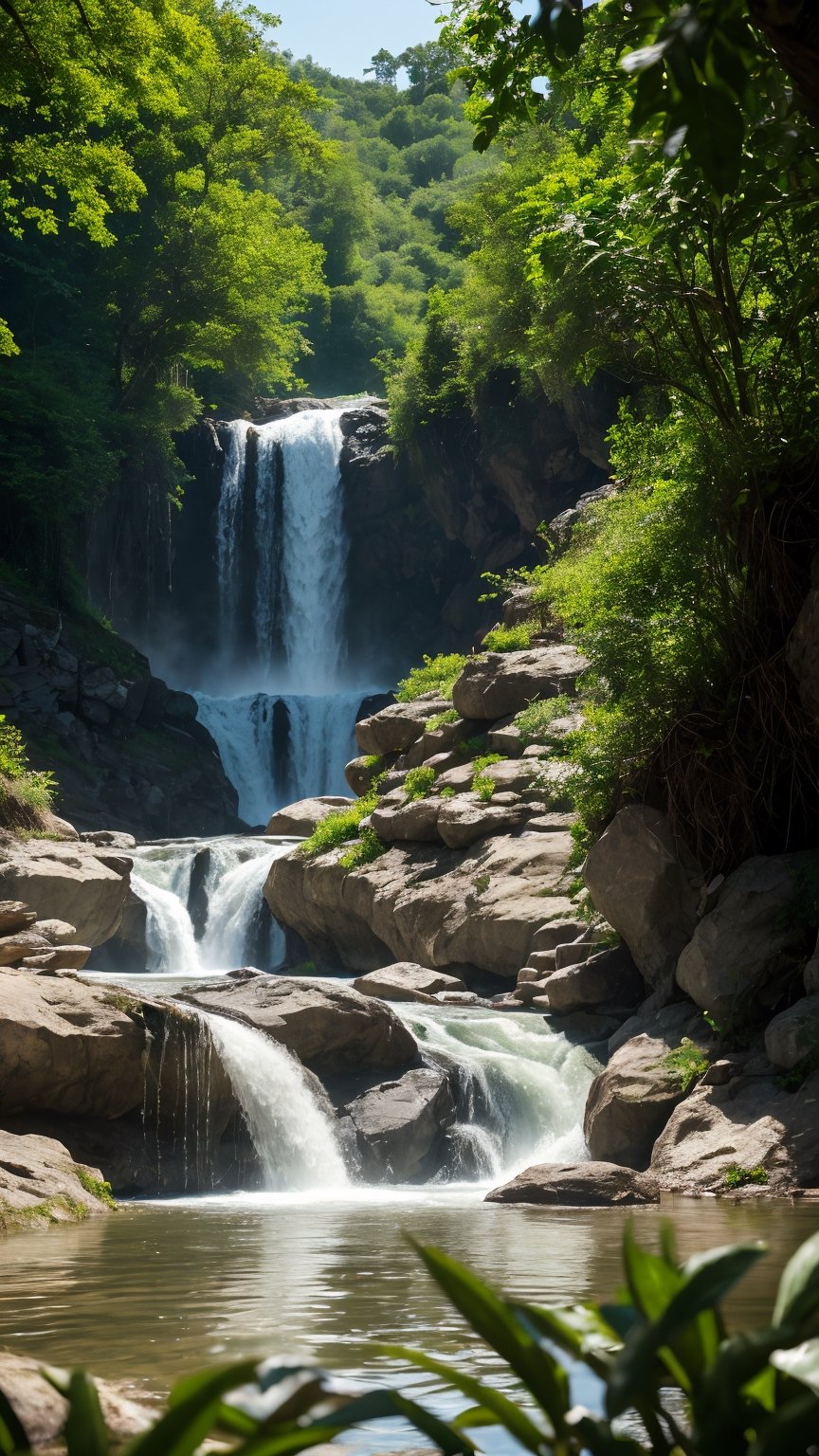 realistic, high resolution scene,  
Hyperdetailed natural light, water running from waterfall to river, nature forest background,