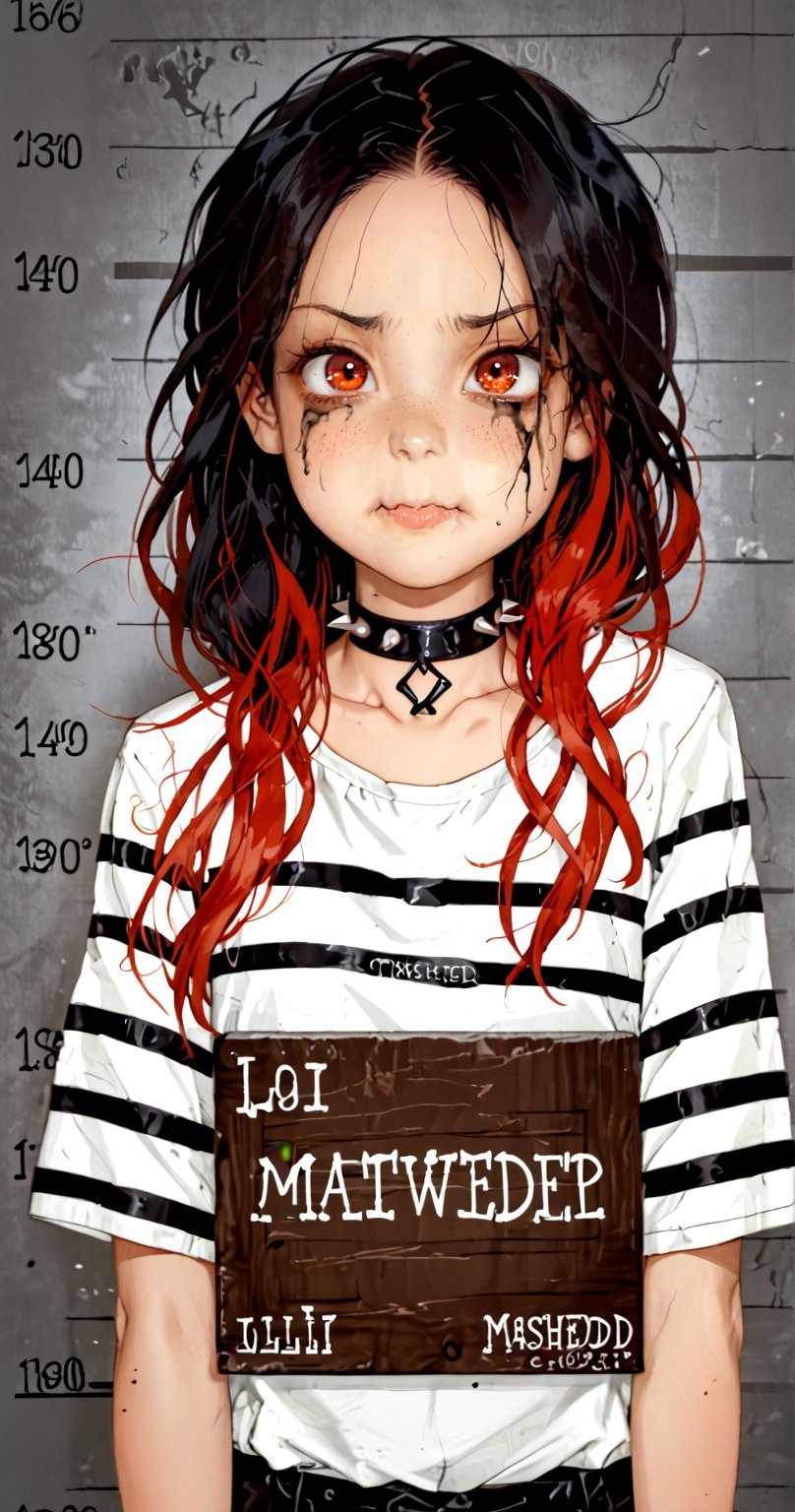 quality, masterpiece, detailed,best quality ,1girl,solo, (loli:1.3), long hair, (black hair:1.2),(red hair1.1),(colored inner hair:1.3), long sidelocks, (red eyes:1.3), wavy_mouth, (prisoner:1.2),(black and white striped, prison clothes:1.4),shorts,@_@, upper_body, straight-on, (mugshot in jail:1.4), indoor ,emo, disheveled hair, running mascara, leather choker with spikes