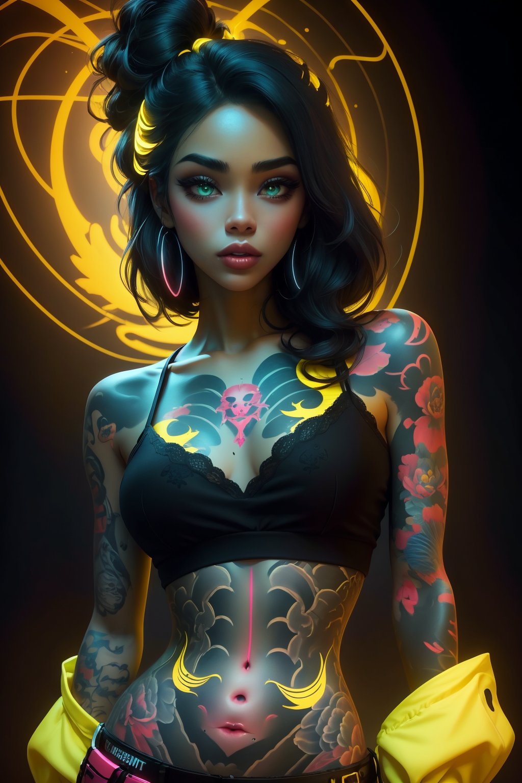 1girl, black hair, tattoo  on the body, lips black , (background  yellow:1.5) , ultra detail, unreal, ,NeonST2