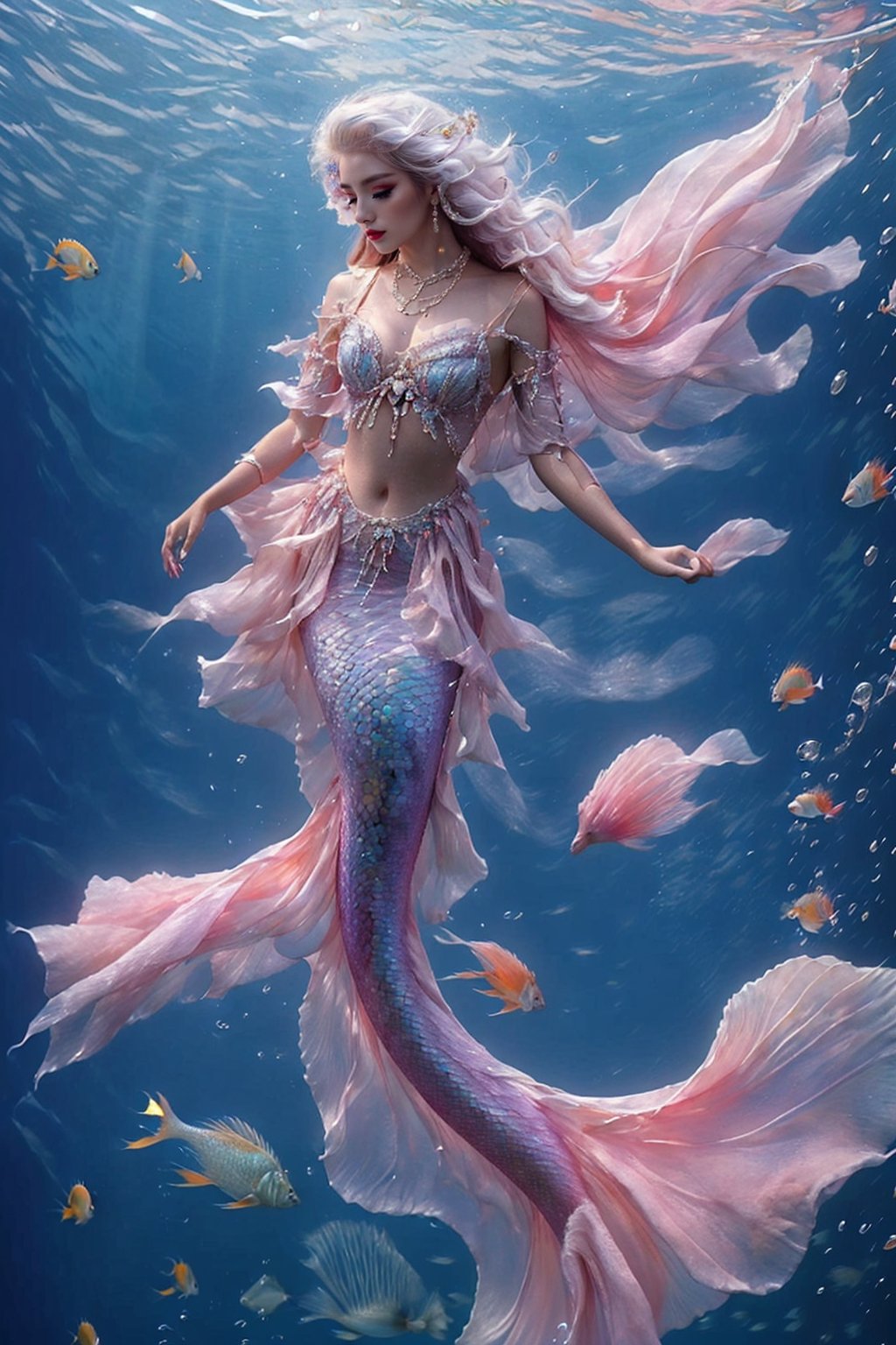 1girl, solo, long hair, breasts, jewelry, full body, closed eyes, white hair, necklace, floating hair, gem, fish, bubble, underwater, air bubble, mermaid, head fins, pearl \(gemstone\), mermaid,photorealistic