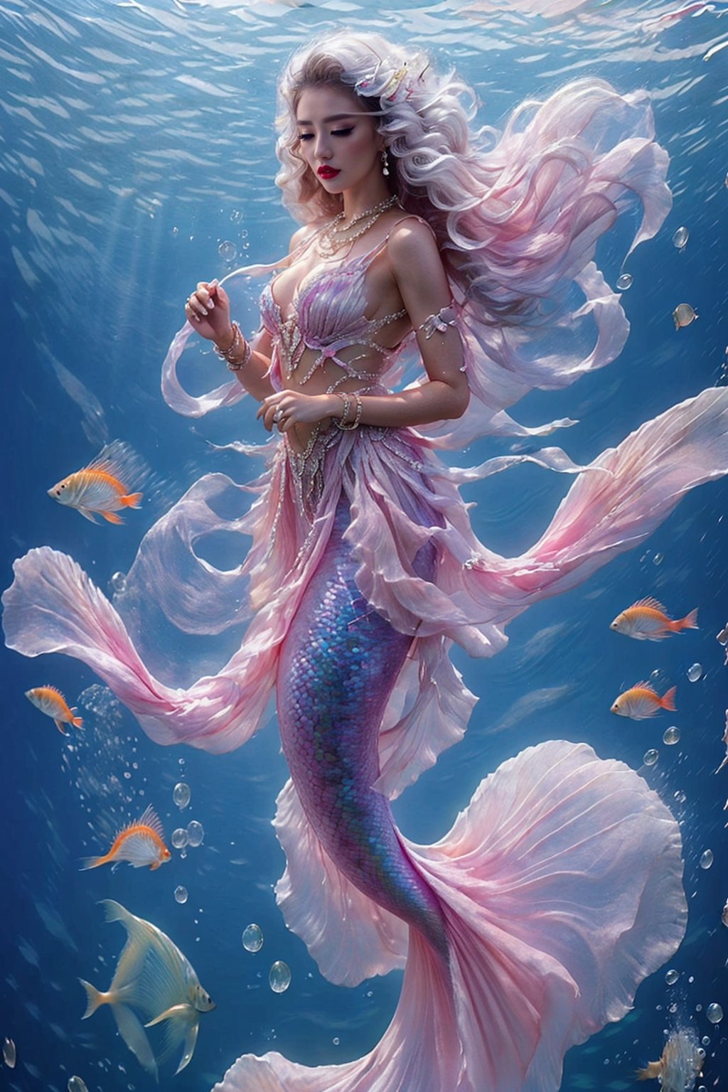 1girl, solo, long hair, breasts, jewelry, full body, closed eyes, white hair, necklace, floating hair, gem, fish, bubble, underwater, air bubble, mermaid, head fins, pearl \(gemstone\), mermaid,photorealistic