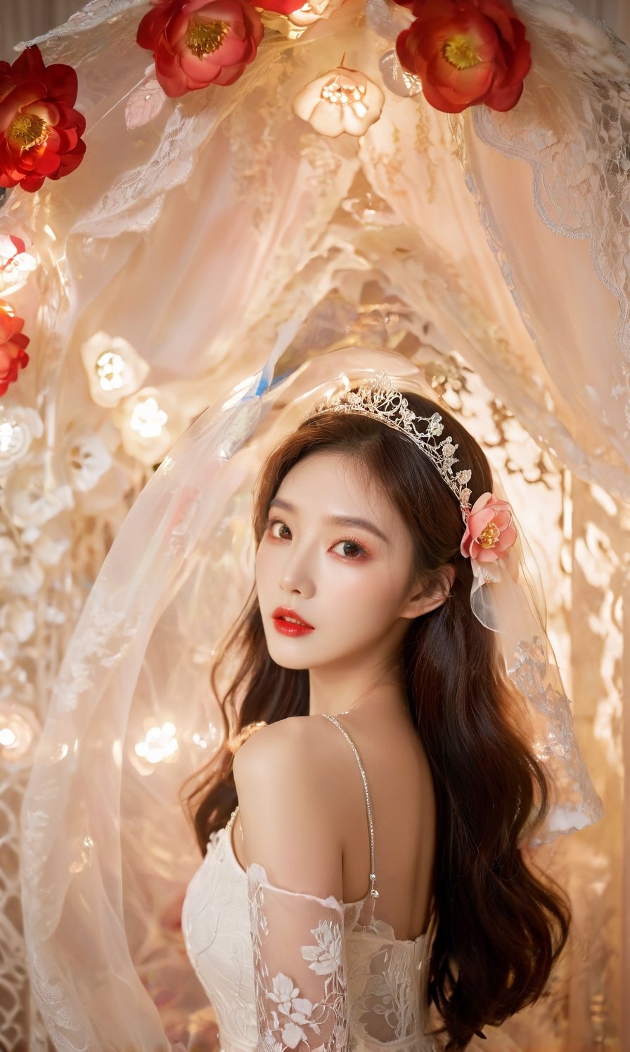 masterpiece,1girl,(mature female:0.5),tall body,golden proportions,(Kpop idol),(shiny skin:1.2),(oil skin:1.1),makeup,(close up),(flower background),depth of field,(closed mouth:0.5),((long wavy brown hair)),(puffy eyes),(eyelashes:1.1),(parted lips:1.1),red lipstick,fantasy art style,dreamy light, black short dress,),(lace:1.3)perfect body,(dreamy veil:1.3),(dusk:1.2),princess shoes,(diamond necklace),(crystal hairpin),tyndall effect,highres,) narrow waist, ,lace bra