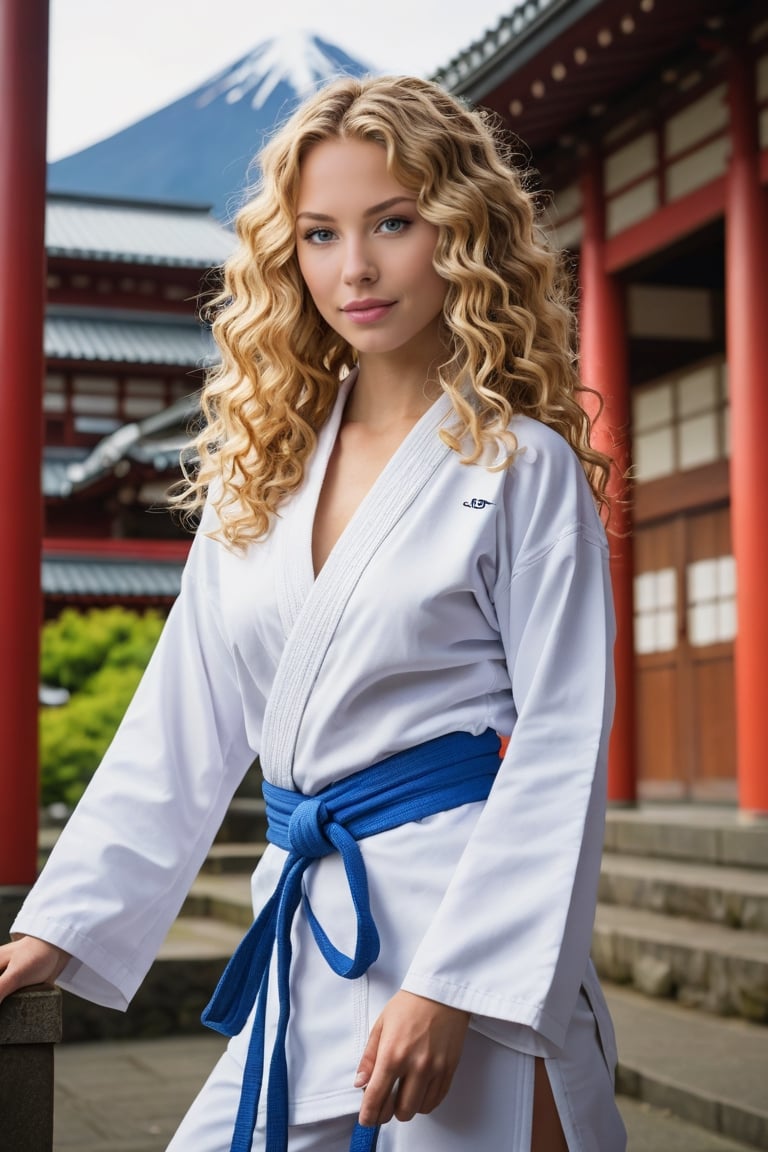 side view of a very beautiful girl with long blonde curly hair and blue eyes, in an japanese Temple. (((her full body is visible))). She turns her face towards the viewer. Making eye contact. Her long hair is  partially covering her body. She is wearing torn white judo uniform. The background is a japanese temple in front of fuji mountain (japan), sultry perfect body, big cleavage,
,photorealistic:1.3, best quality, masterpiece,MikieHara,soakingwetclothes,aw0k euphoric style,A girl dancing 