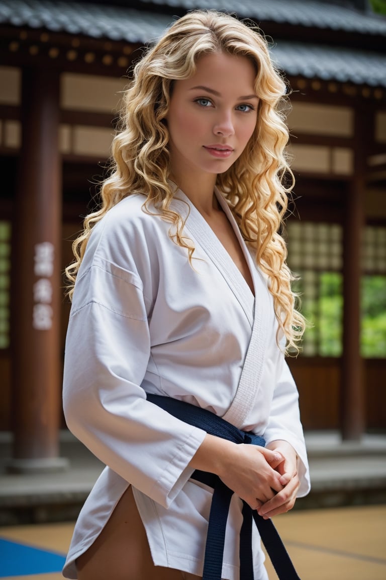 side view of a very beautiful girl with long blonde curly hair and blue eyes, in an japanese Temple. (((her full body is visible))). She turns her face towards the viewer. Making eye contact. Her long hair is  partially covering her body. She is wearing torn white judo uniform. The background is a japanese karate dojo  (japan), sultry perfect body, big cleavage,
,photorealistic:1.3, best quality, masterpiece,MikieHara,soakingwetclothes,aw0k euphoric style,A girl dancing,