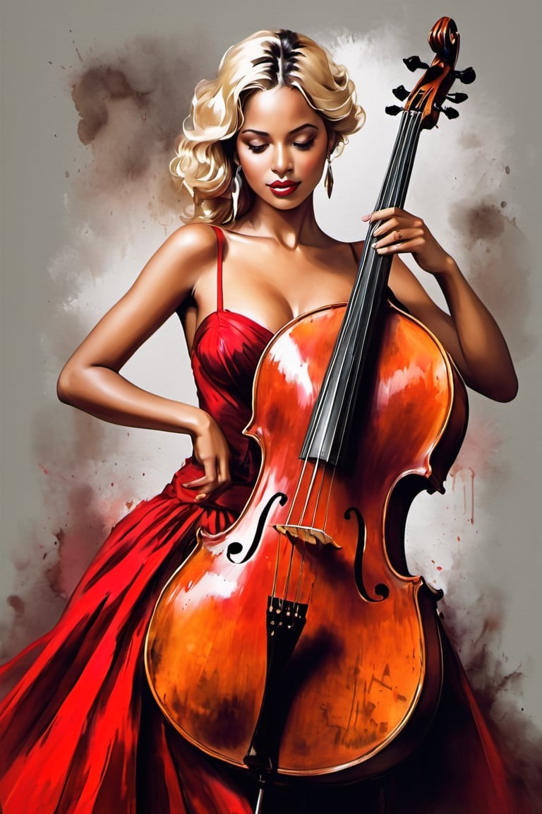 
oil paint, ,style pierre farel style cuba series,1 swedeish girl, big breasts, blonde hair, dress, cleavage, dark skin, formal, red dress, instrument, faceless, , girl is playing 1contrabass, female is very sexy dressed and very senusal
