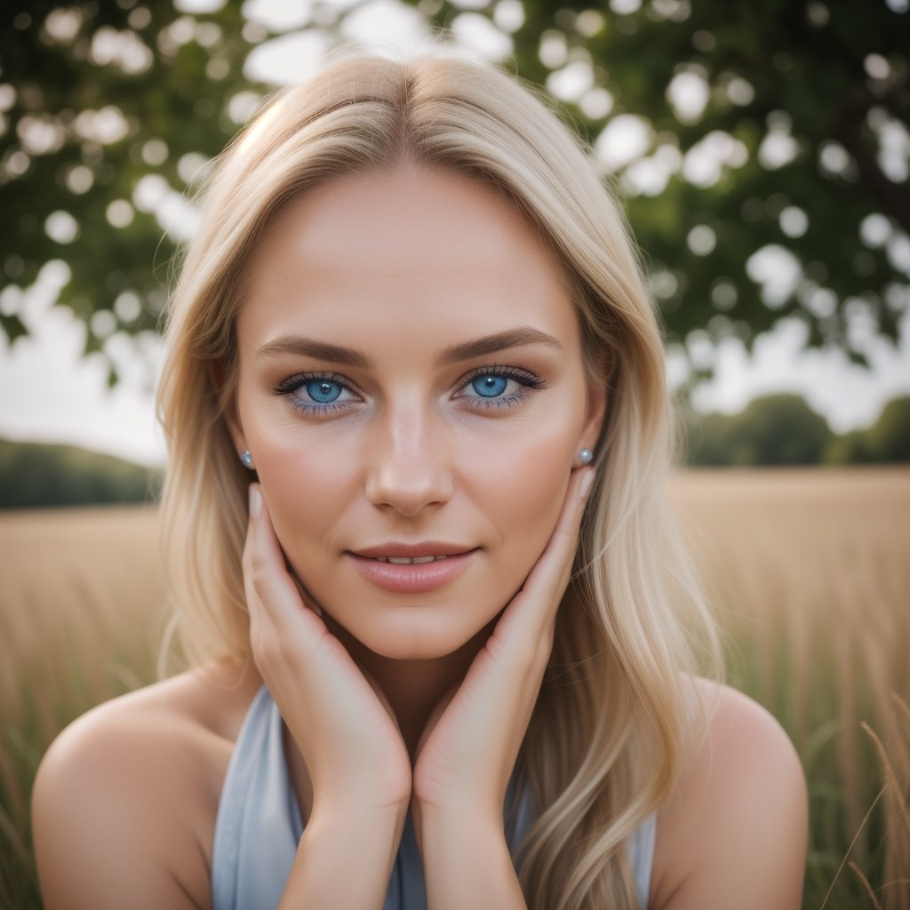 a woman is sitting in a field of tall grass smiling for the camera with her hands on her face,realistic skin details,realistic light blond hair details,eyeliner,(red lips:0.9),(eyeliner:0.8),Raw photo,8k,realistic skin details,realistic hair details,8k uhd,dslr,high quality,film grain,fujifilm xt3,16k uhd,dslr,best quality,decent Wrinkles,Fine Lines,Hyperpigmentation,Dark Spots,Pores,Dry Skin,Uneven Skin Tone,Blackheads,professional photography,cinema,ultra realistic,outdoor,film camera,dslr,lens flare,super-resolution,(16k),uhd,realistic,ultra realistic,ultra quality,film look, no freckles, light_blue_eyes