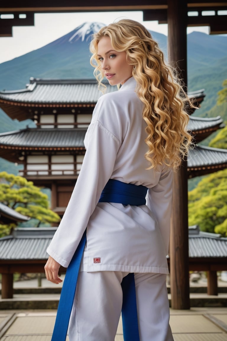 Back view of a very beautiful girl with long blonde curly hair and blue eyes, in an japanese Temple. (((her full body is visible))). She turns her face towards the viewer. Making eye contact. Her long hair is  partially covering her body. She is wearing torn white judo uniform. The background is a japanese temple in front of fuji mountain (japan), sultry perfect body, big cleavage,
,photorealistic:1.3, best quality, masterpiece,MikieHara,aw0k euphoric style,A girl dancing 